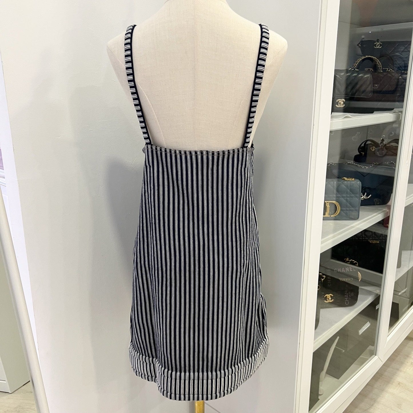 Chanel Pinstripe Sleeveless Dress with Front Pockets in Cotton and Polyester (Model: )