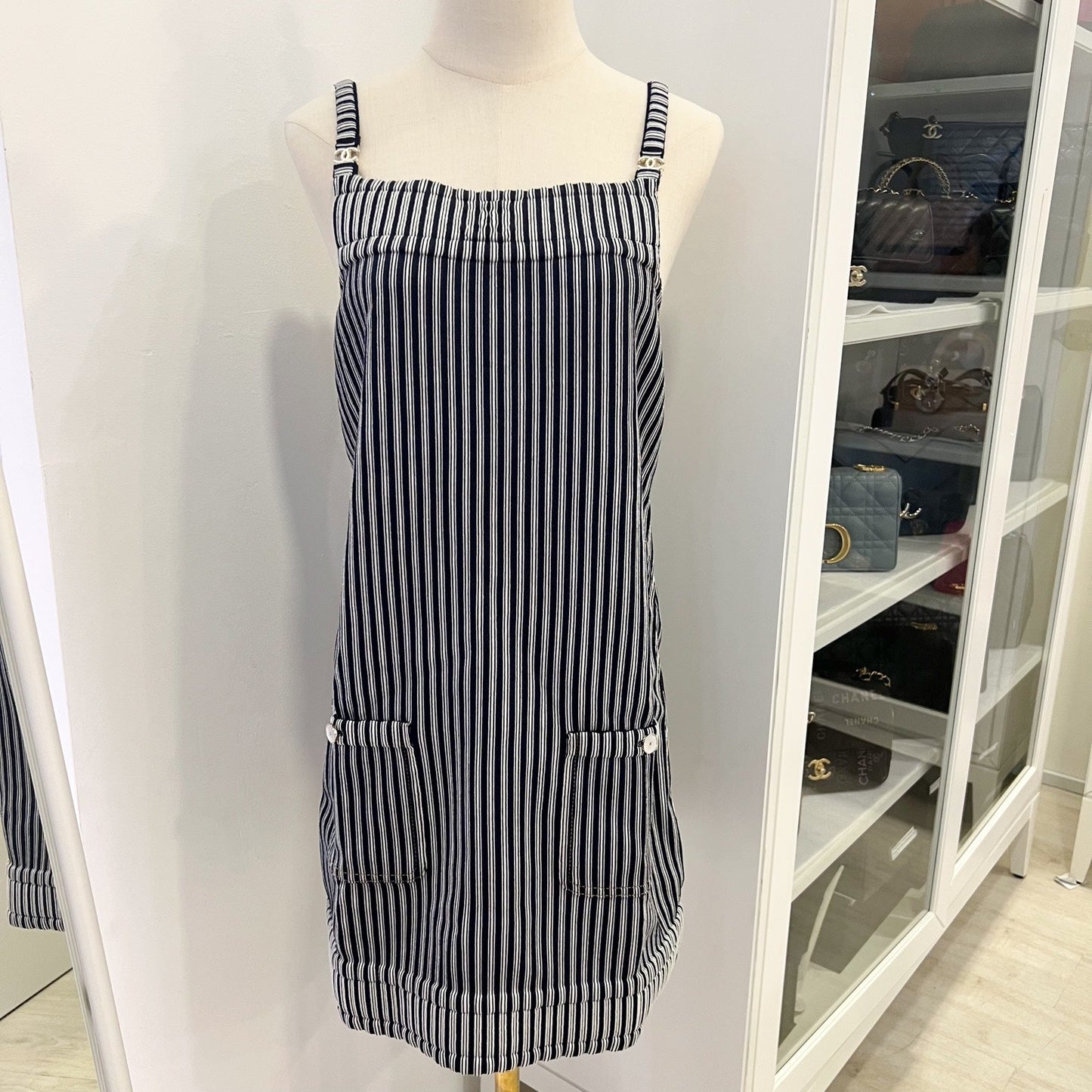 Chanel Pinstripe Sleeveless Dress with Front Pockets in Cotton and Polyester (Model: )