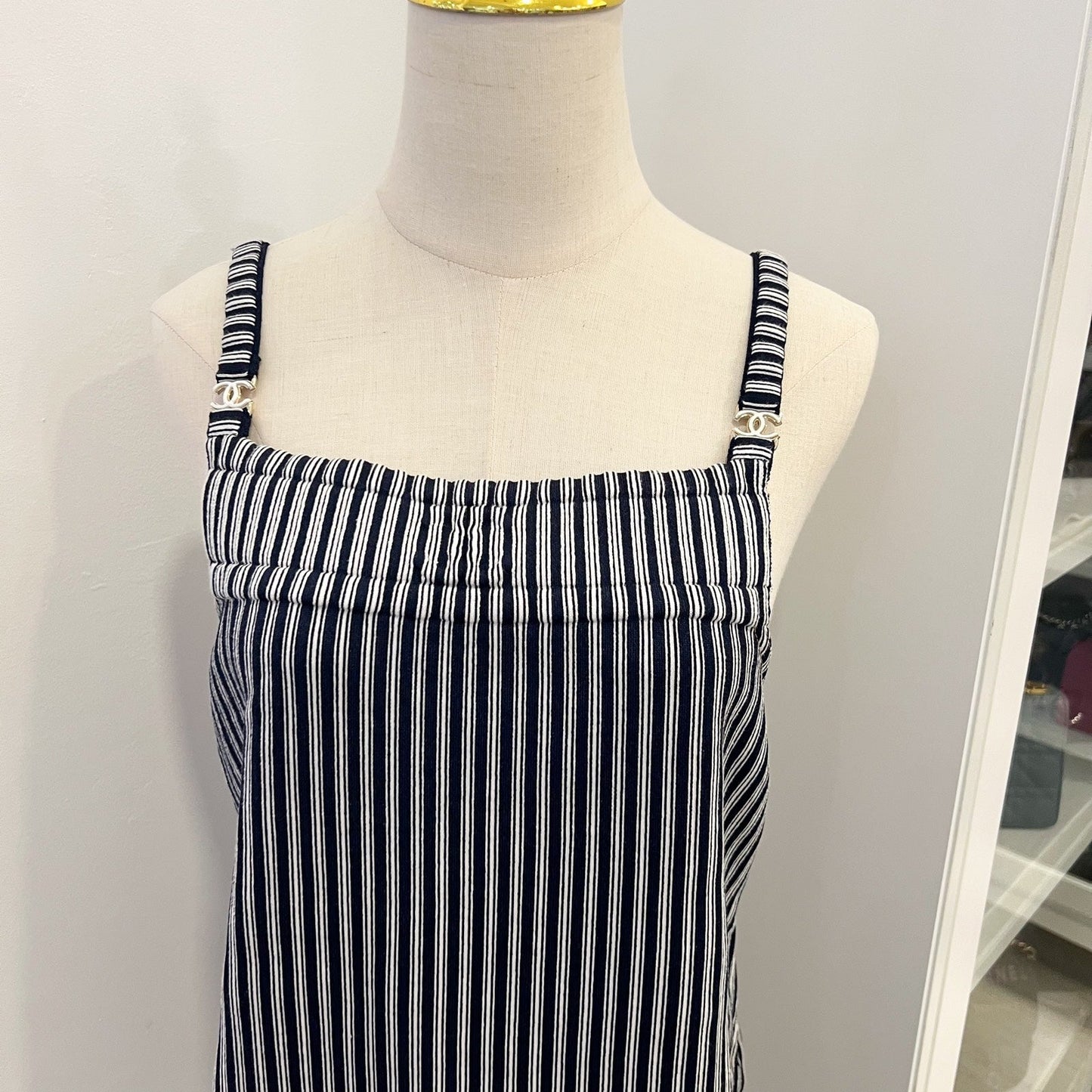 Chanel Pinstripe Sleeveless Dress with Front Pockets in Cotton and Polyester (Model: )