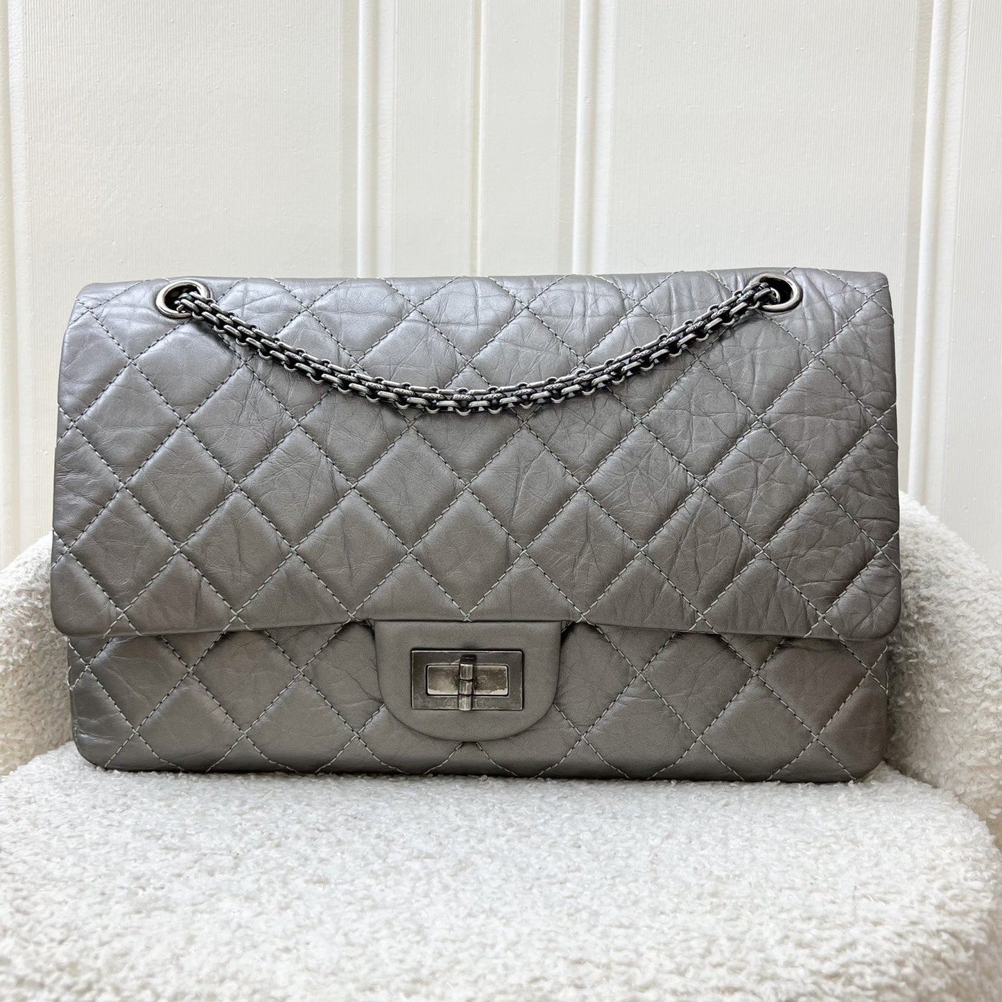 Chanel 2.55 Reissue 227 Maxi Flap in Silver Calfskin and RHW Accessory