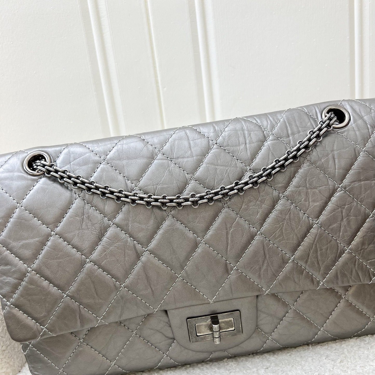 Chanel 2.55 Reissue 227 Maxi Flap in Silver Calfskin and RHW Accessory