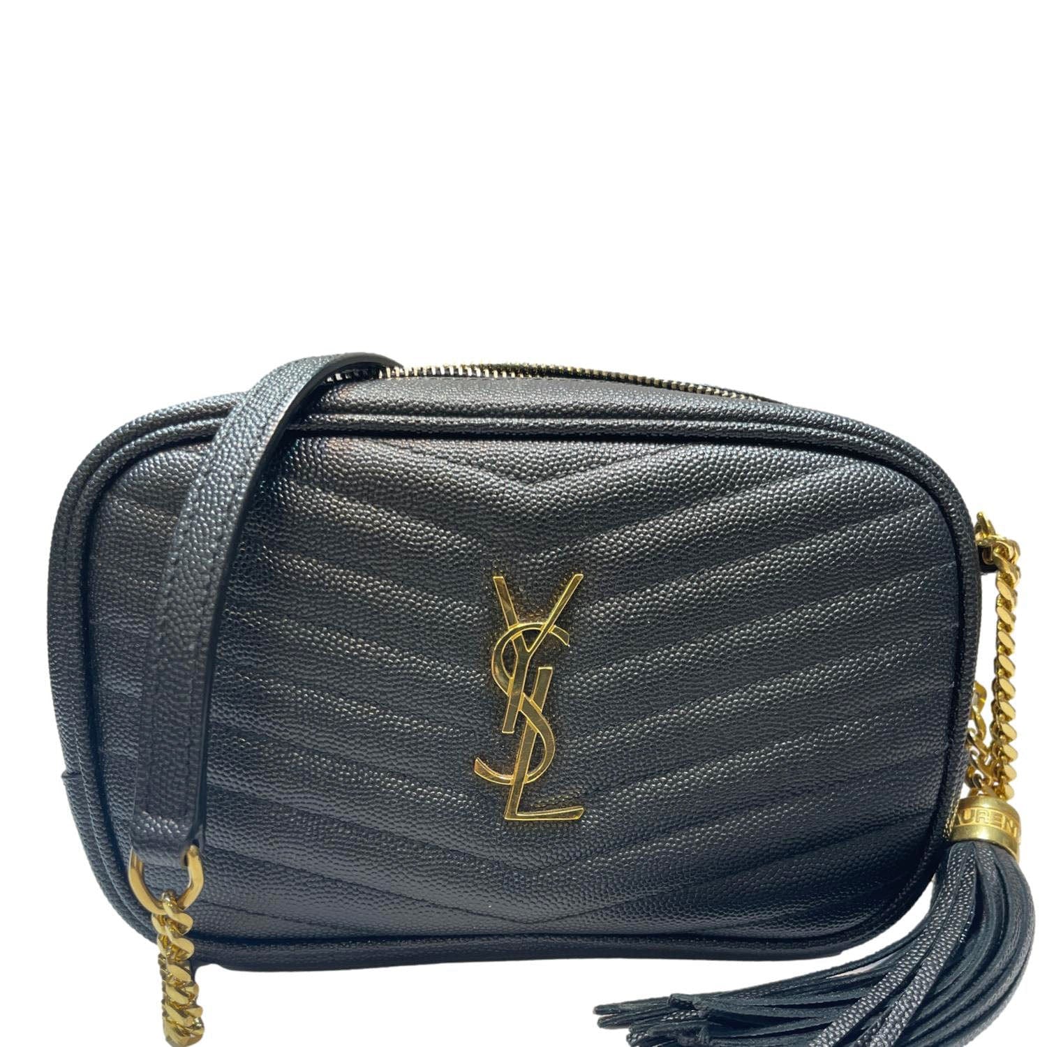 YSL Saint Laurent Yves Lou Chevron Camera Bag Leather Black Travel Bag