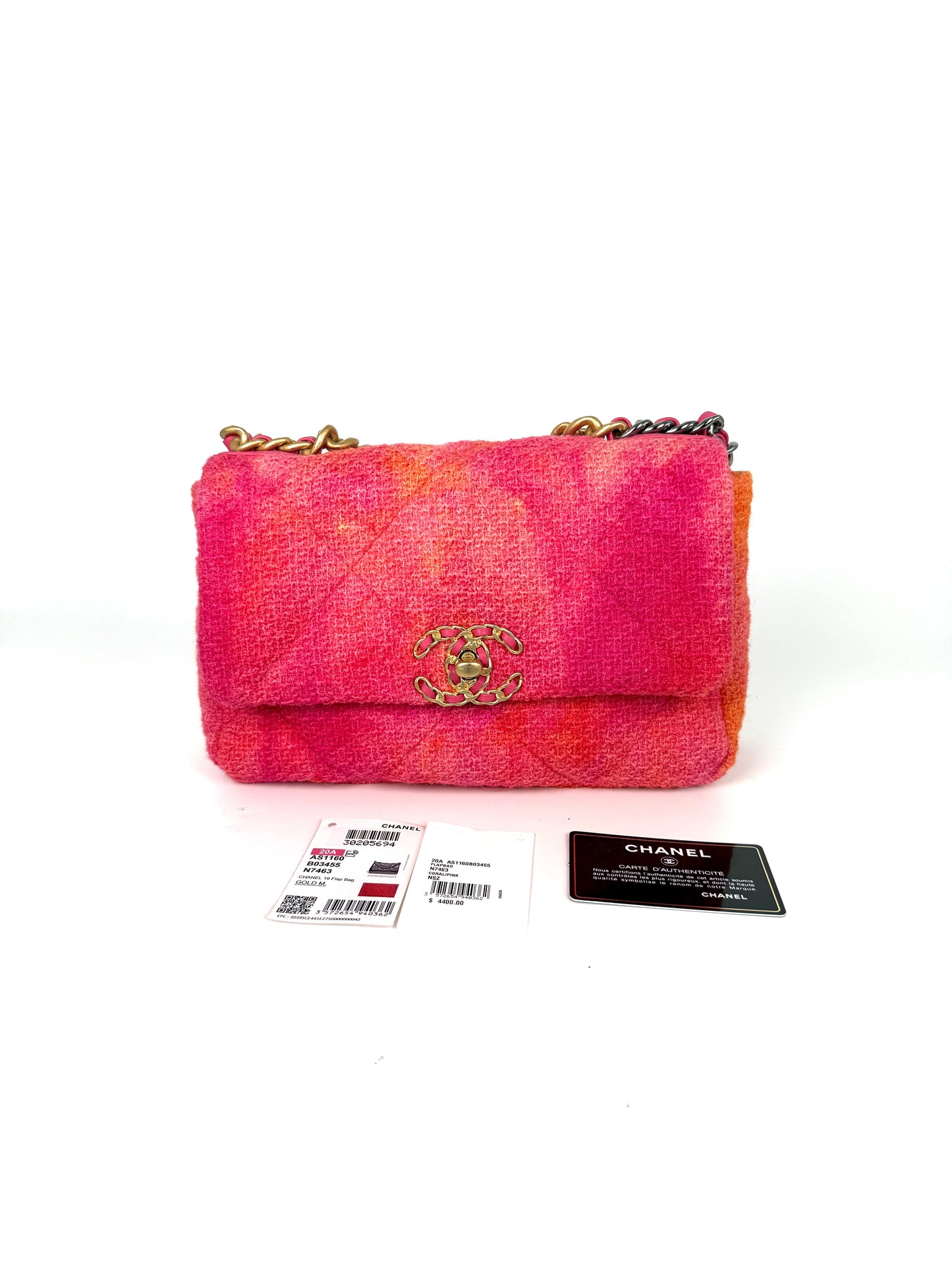 Chanel 19 2020 Medium Pink Coral Tweed Quilted Gold Hardware Flap Bag