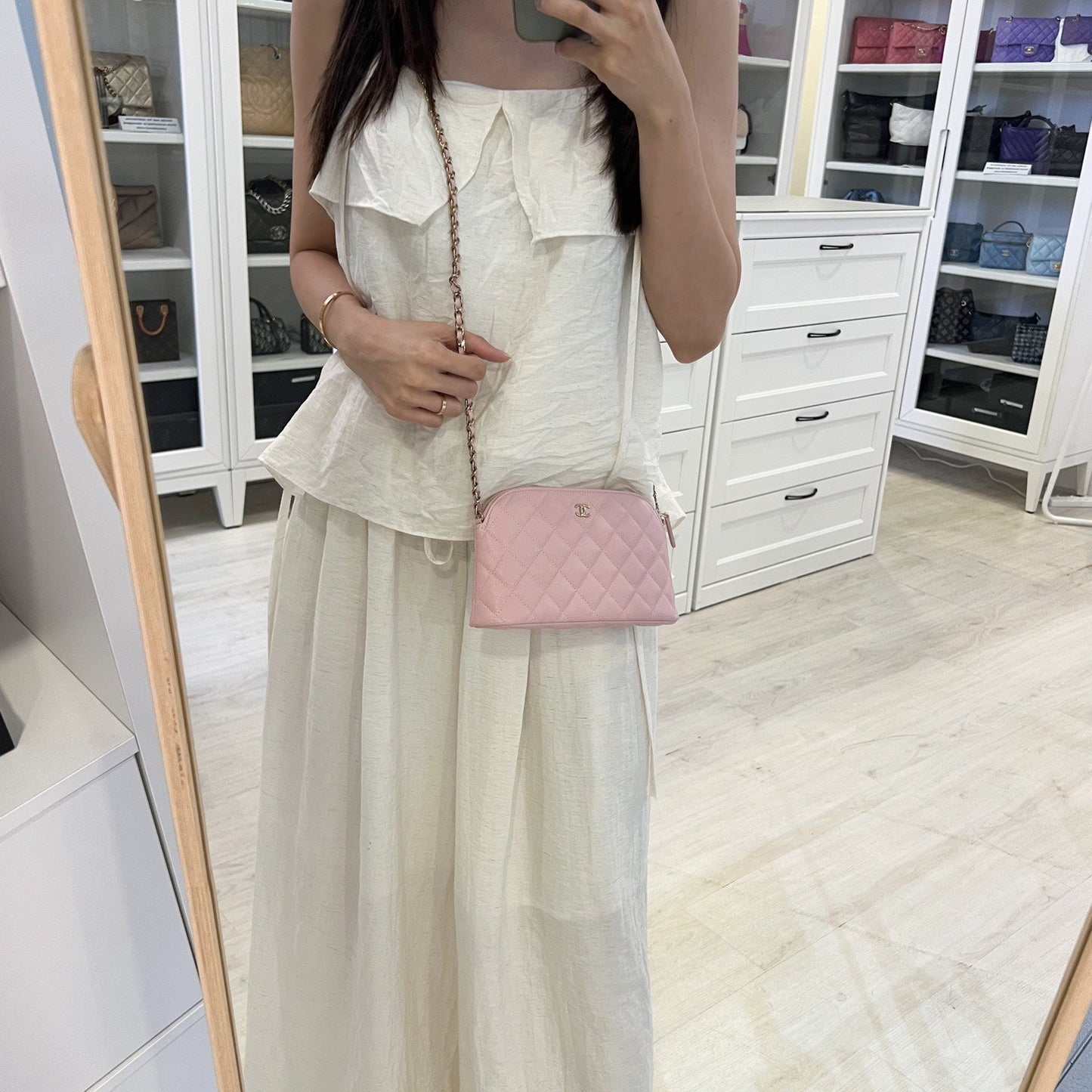 Chanel Medium Pouch / Clutch with Chain in Sakura Pink Caviar and LGHW (Model: )