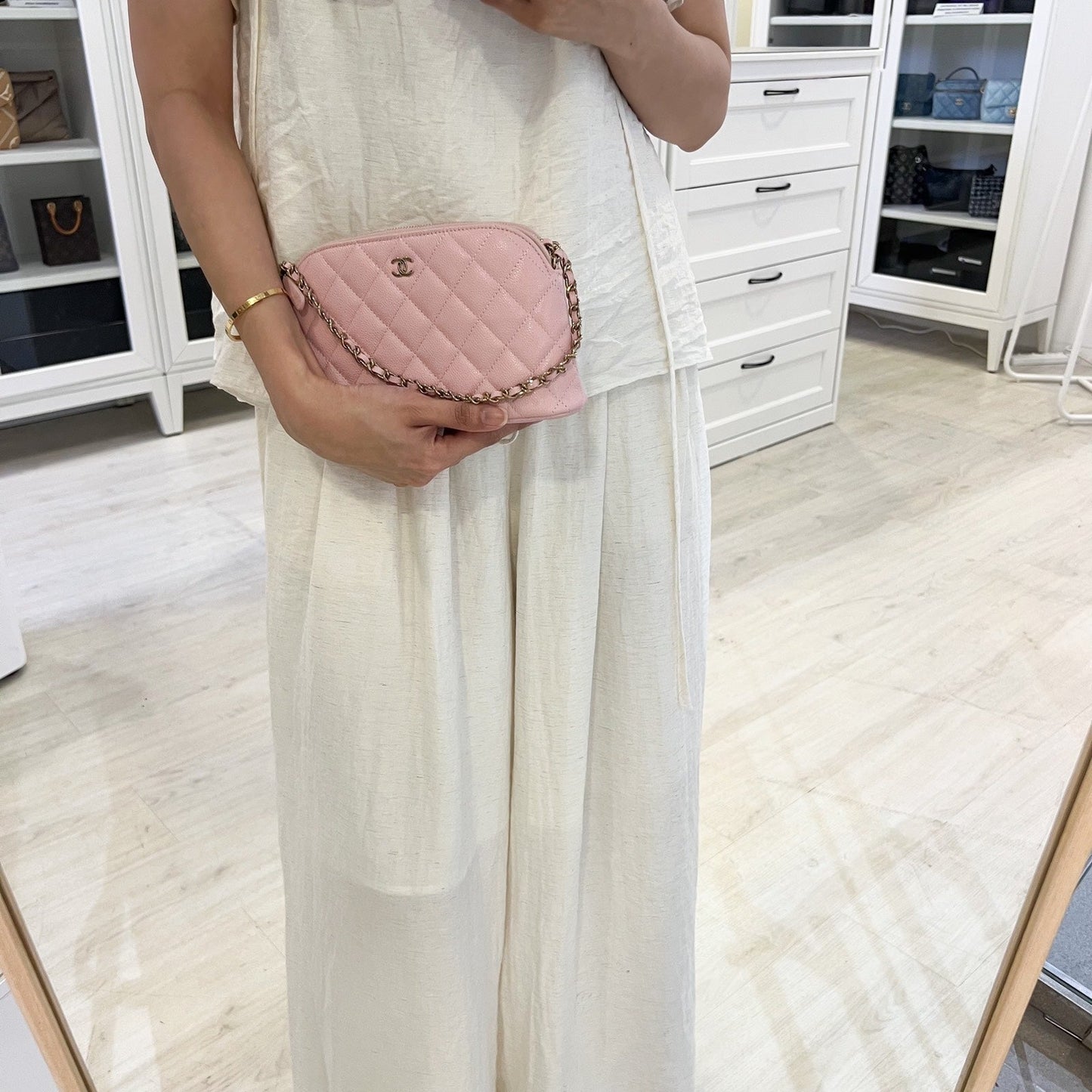 Chanel Medium Pouch / Clutch with Chain in Sakura Pink Caviar and LGHW (Model: )