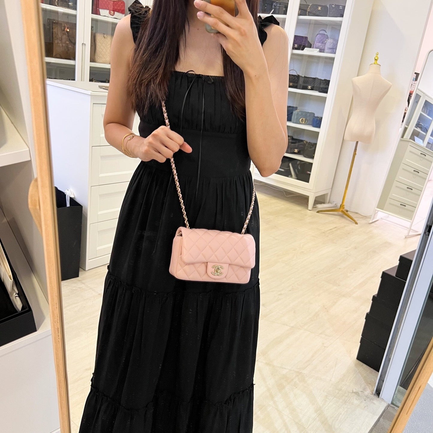 Chanel [Local Full Set] Extra Mini Rectangular Flap in Sakura Pink Lambskin and GHW (Model: ) Accessory