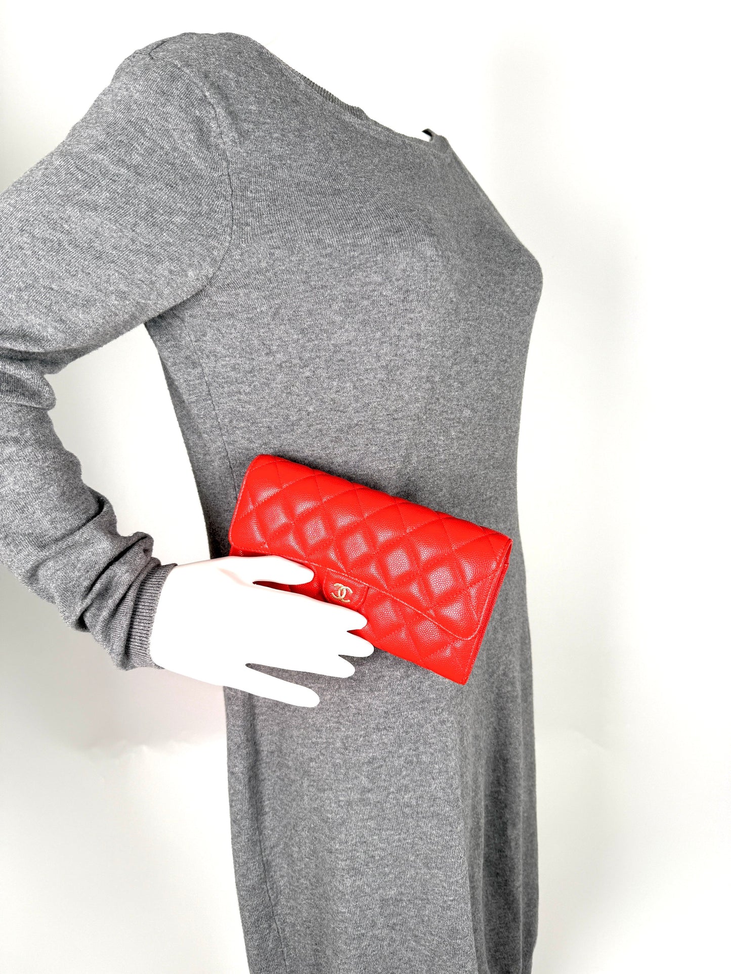 Chanel Red Quilted Caviar Flap CC Long Gusset Continental Wallet