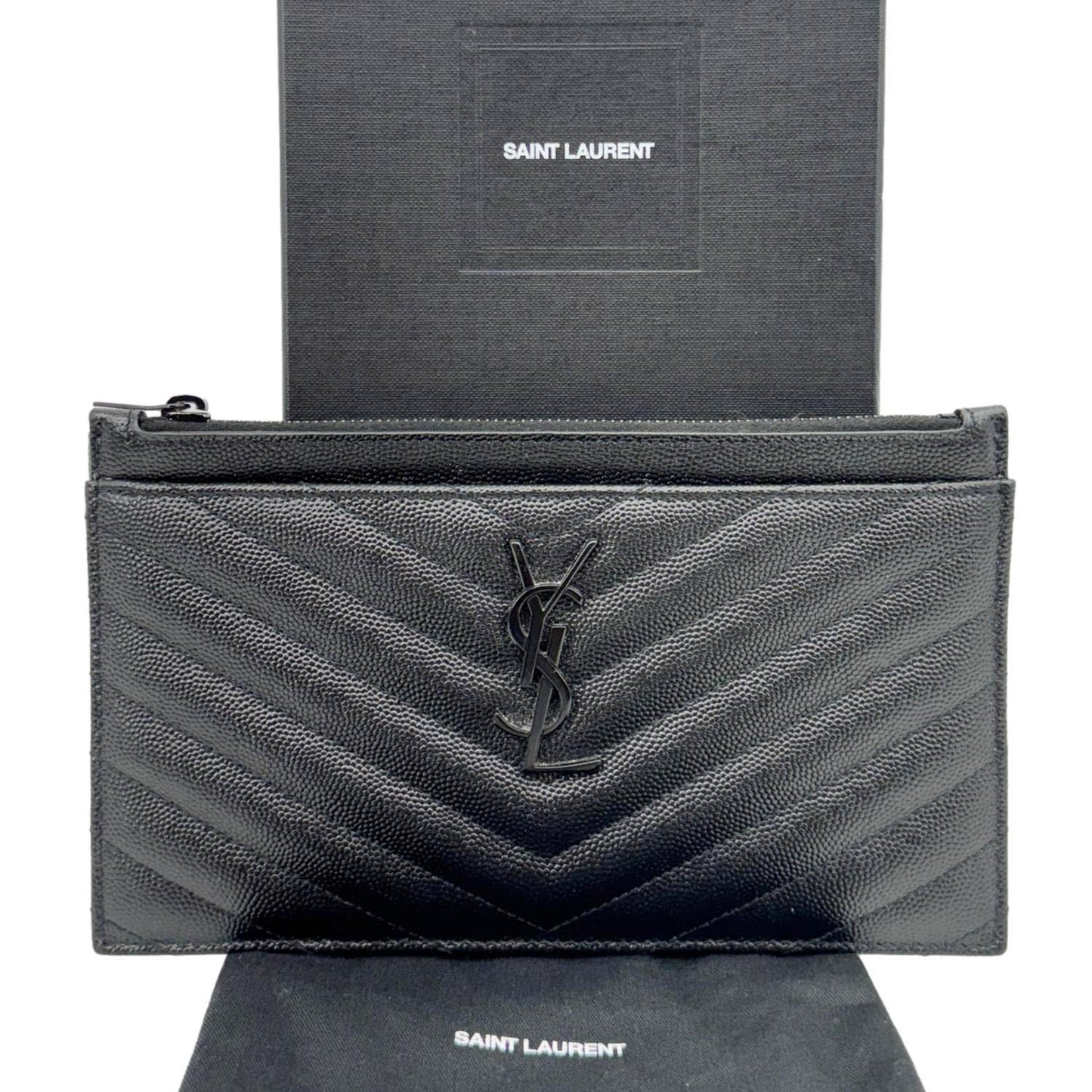 YSL Saint Laurent Yves Bill Grain De Poudre Chevron Pouch Handbag Leather Monogram Black Travel Bag