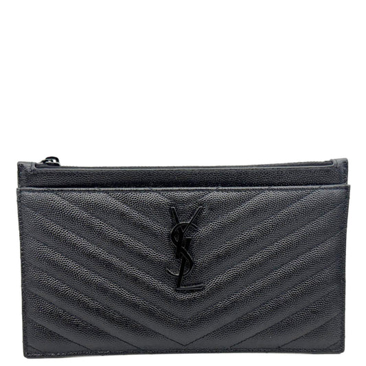 YSL Saint Laurent Yves Bill Grain De Poudre Chevron Pouch Handbag Leather Monogram Black Travel Bag