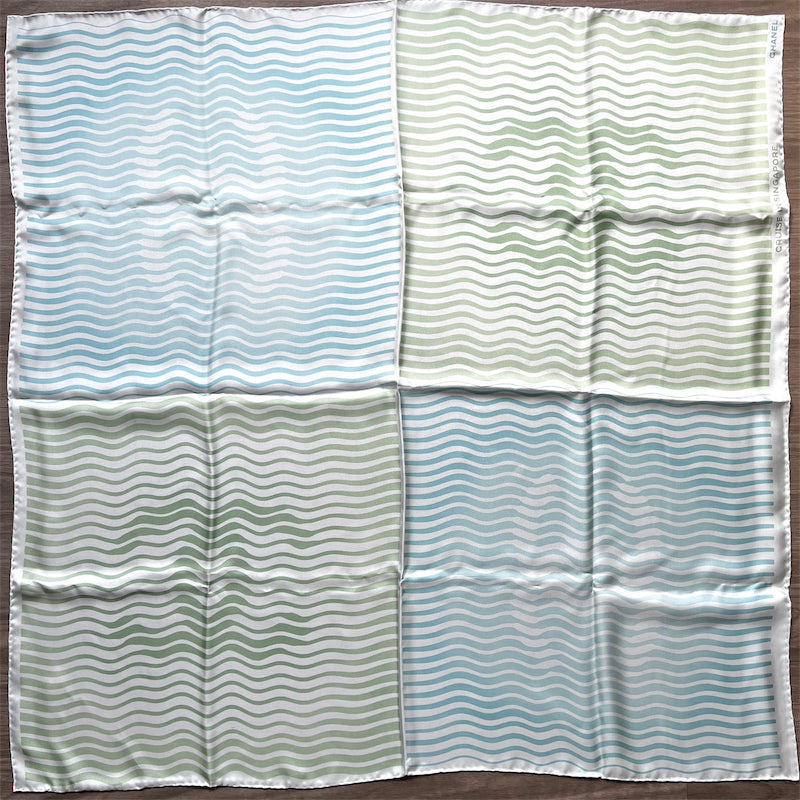 Chanel Cruise in Singapore VIP Gift Scarf in Sage / Blue / Cream 100% Silk