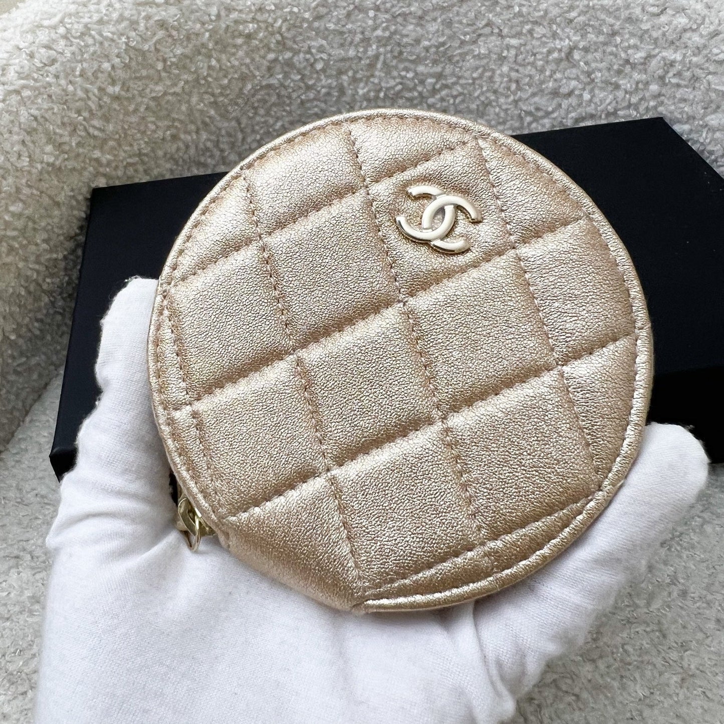 2024 VIP Gift Round Pouch and Airpods Holder Bag Charm in Metallic Gold Lambskin and LGHW Refined