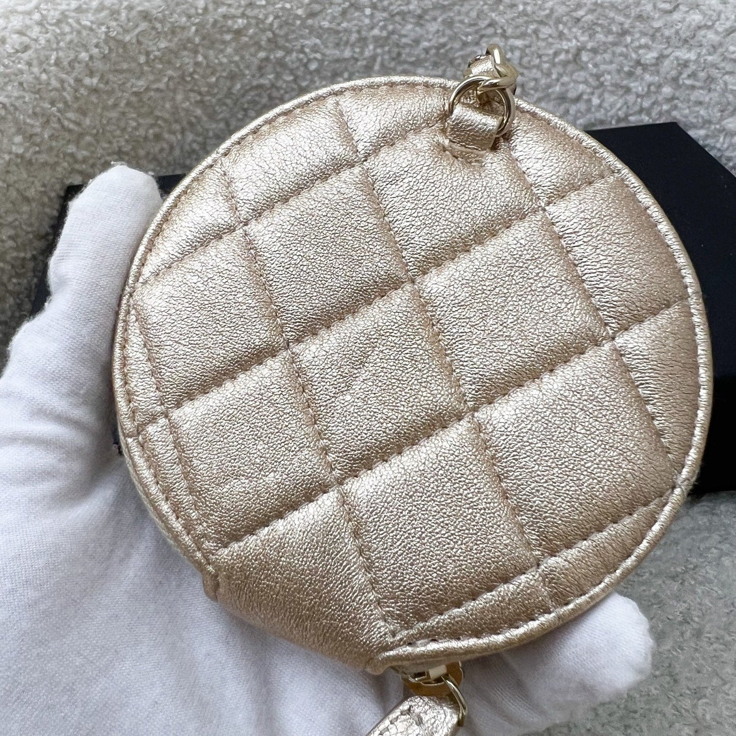 2024 VIP Gift Round Pouch and Airpods Holder Bag Charm in Metallic Gold Lambskin and LGHW Refined