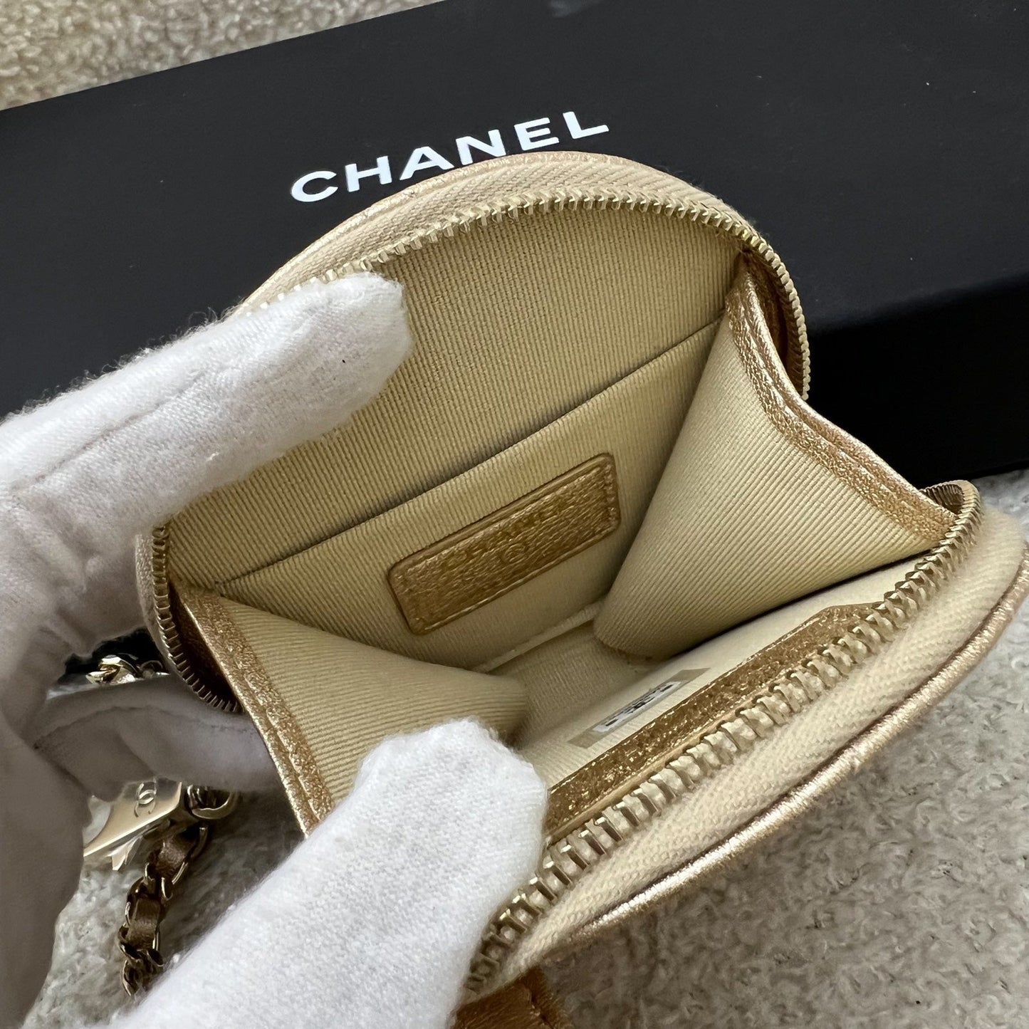 2024 VIP Gift Round Pouch and Airpods Holder Bag Charm in Metallic Gold Lambskin and LGHW Refined