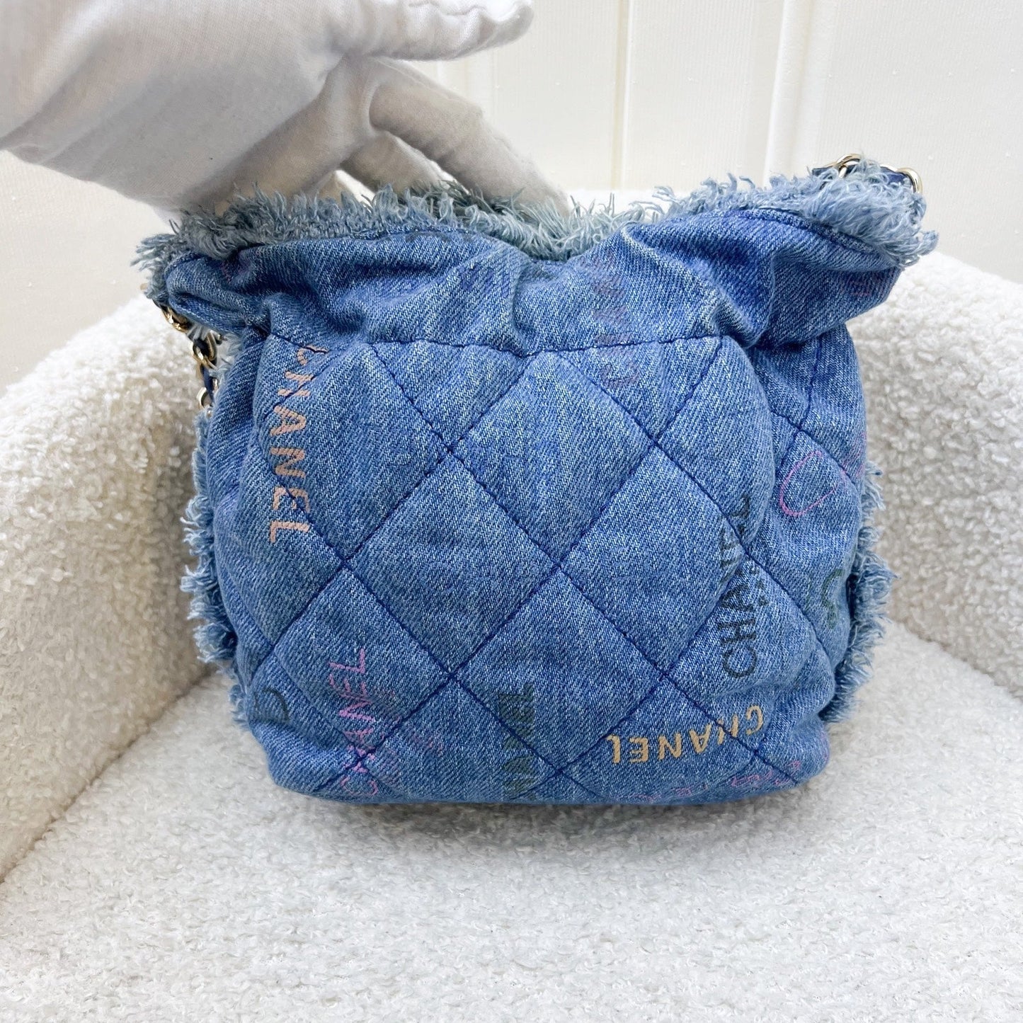 Chanel Denim Mood Mini Drawstring Bucket Bag in Blue Printed Denim and LGHW