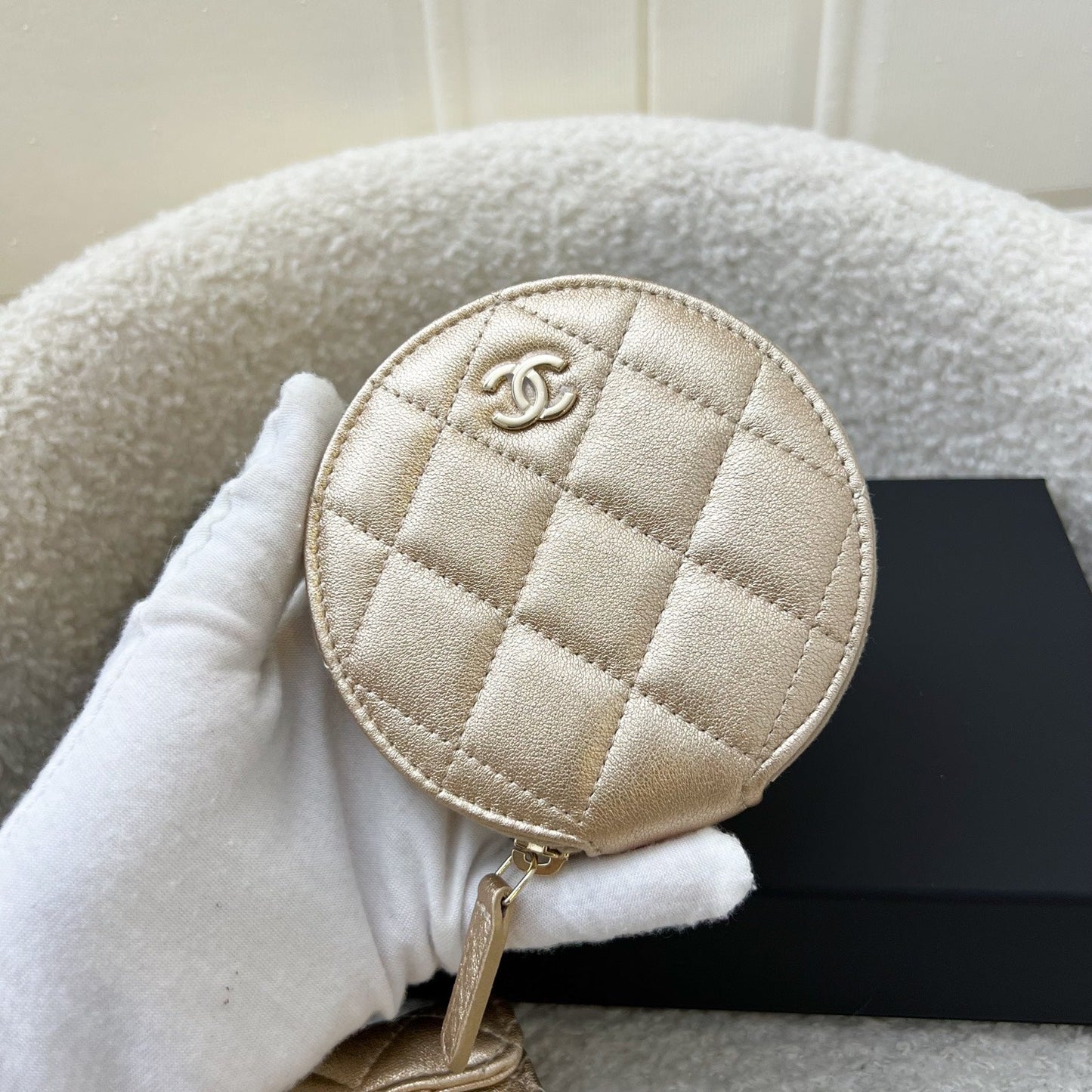 2024 VIP Gift Round Pouch and Airpods Holder Bag Charm in Metallic Gold Lambskin and LGHW Signature