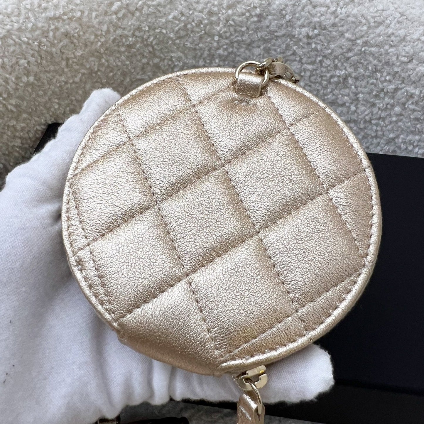 2024 VIP Gift Round Pouch and Airpods Holder Bag Charm in Metallic Gold Lambskin and LGHW Signature