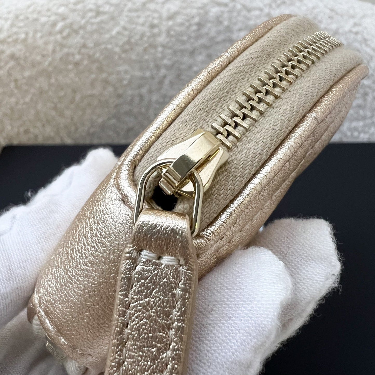 2024 VIP Gift Round Pouch and Airpods Holder Bag Charm in Metallic Gold Lambskin and LGHW Signature