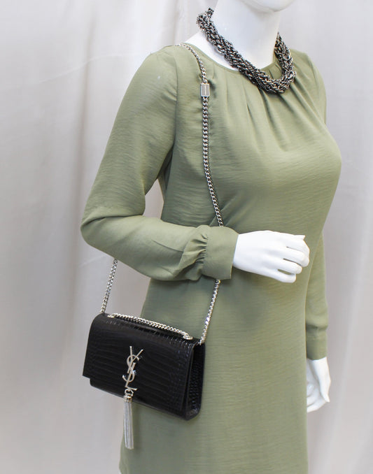 YSL Saint Laurent Yves Crocodile Clutch Crossbody Bag Leather Black Silver Clutch Bag
