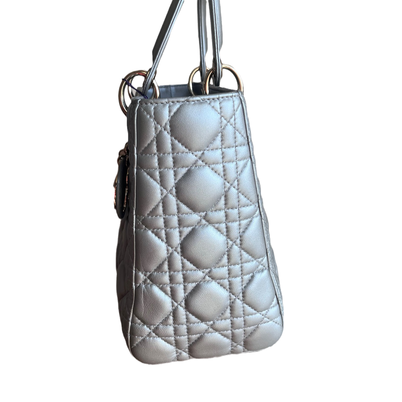Dior Lady Pearlescent Grey Lambskin Cannage Handbag Leather Medium Travel Bag