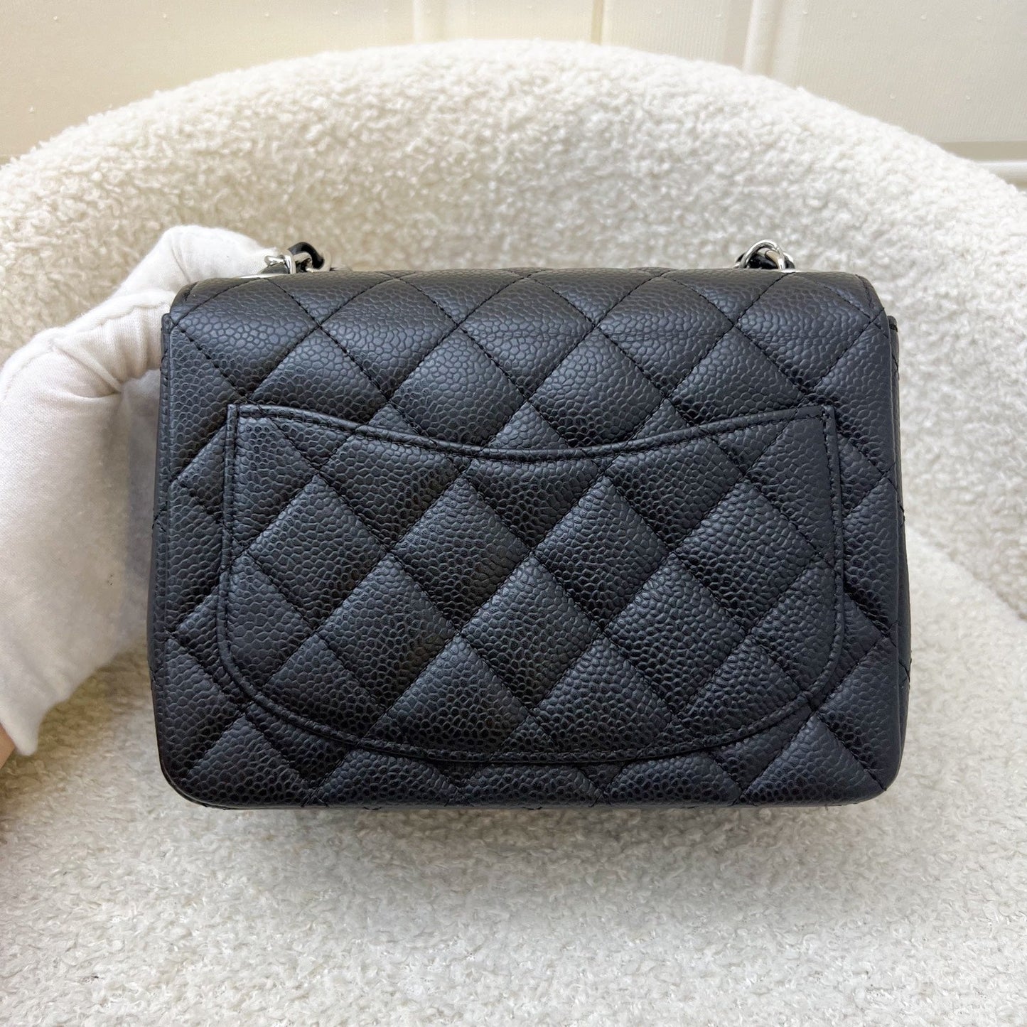 Chanel Classic Mini Square Flap in Black Caviar and SHW Accessory