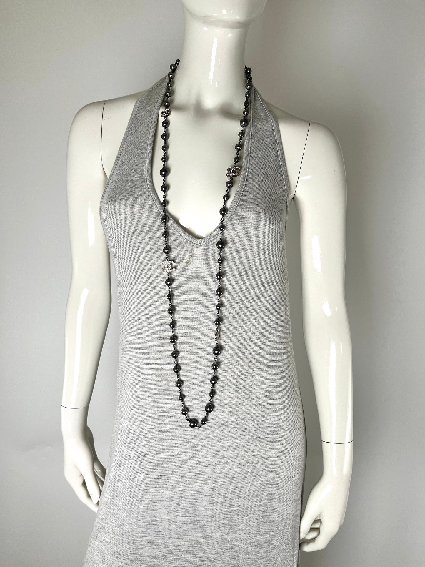 Chanel On layaway Gray Faux Pearl Strass CC Station Long Necklace