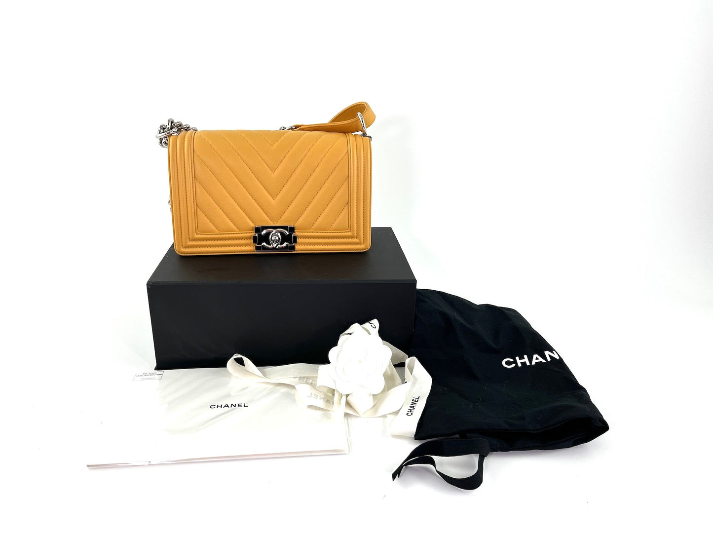Chanel Boy Old Medium Yellow Chevron Quilted Calfskin Accessory