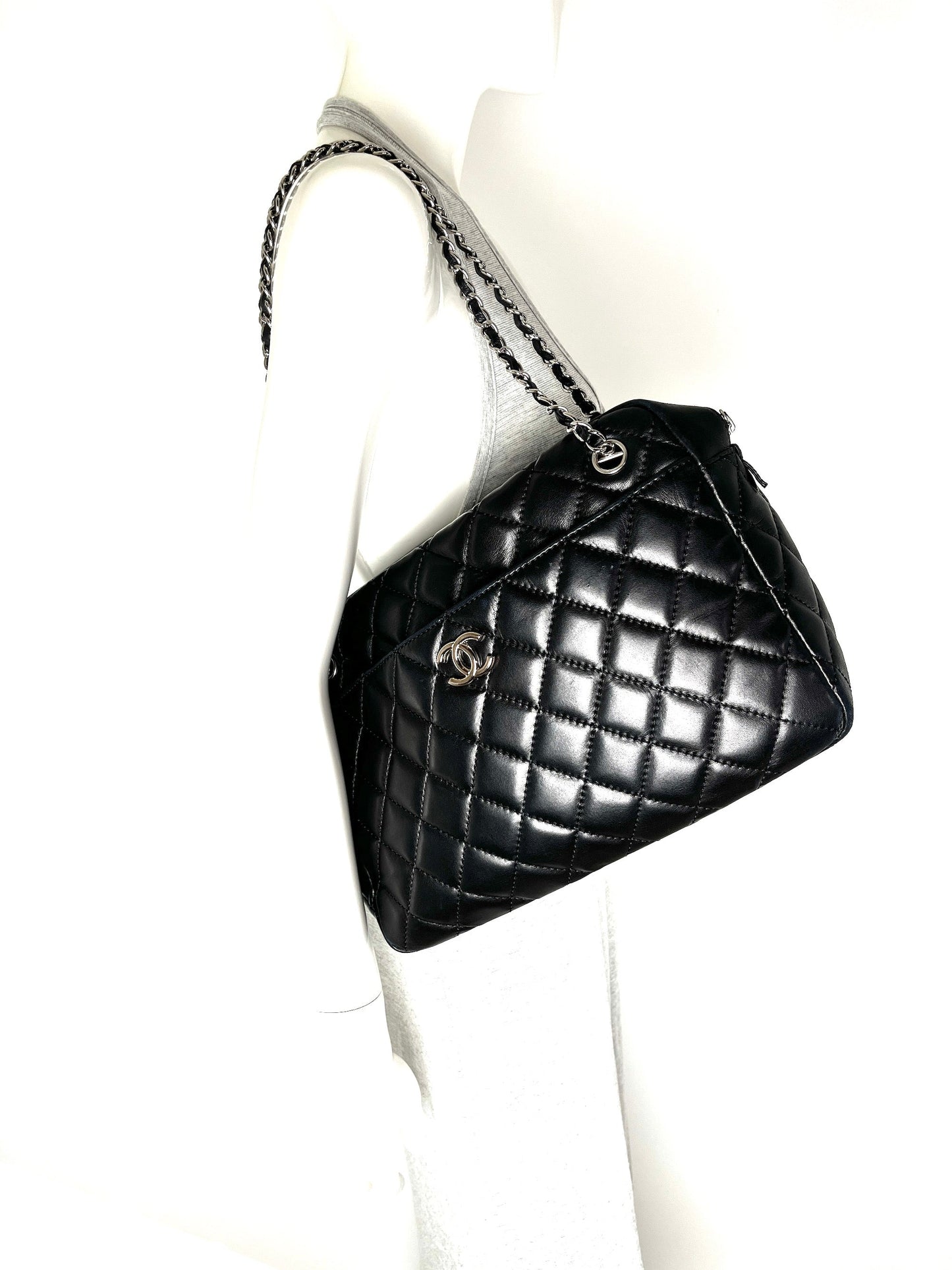 Chanel Black Quilted Camera Case Jumbo Leather Tote Bag