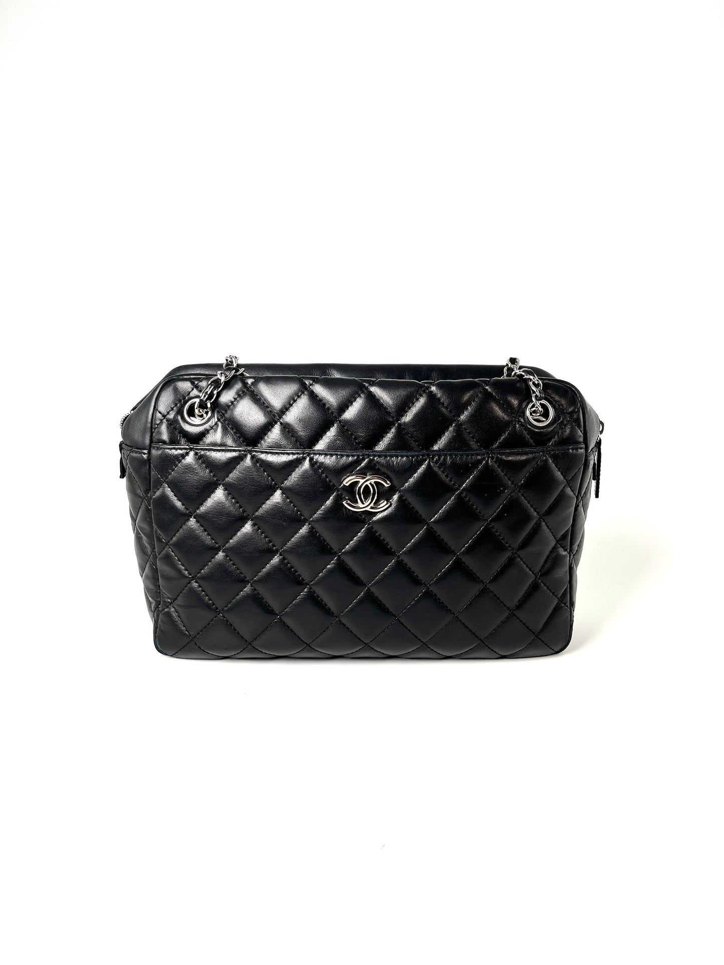 Chanel Black Quilted Camera Case Jumbo Leather Tote Bag