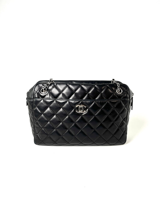 Chanel Black Quilted Camera Case Jumbo Leather Tote Bag