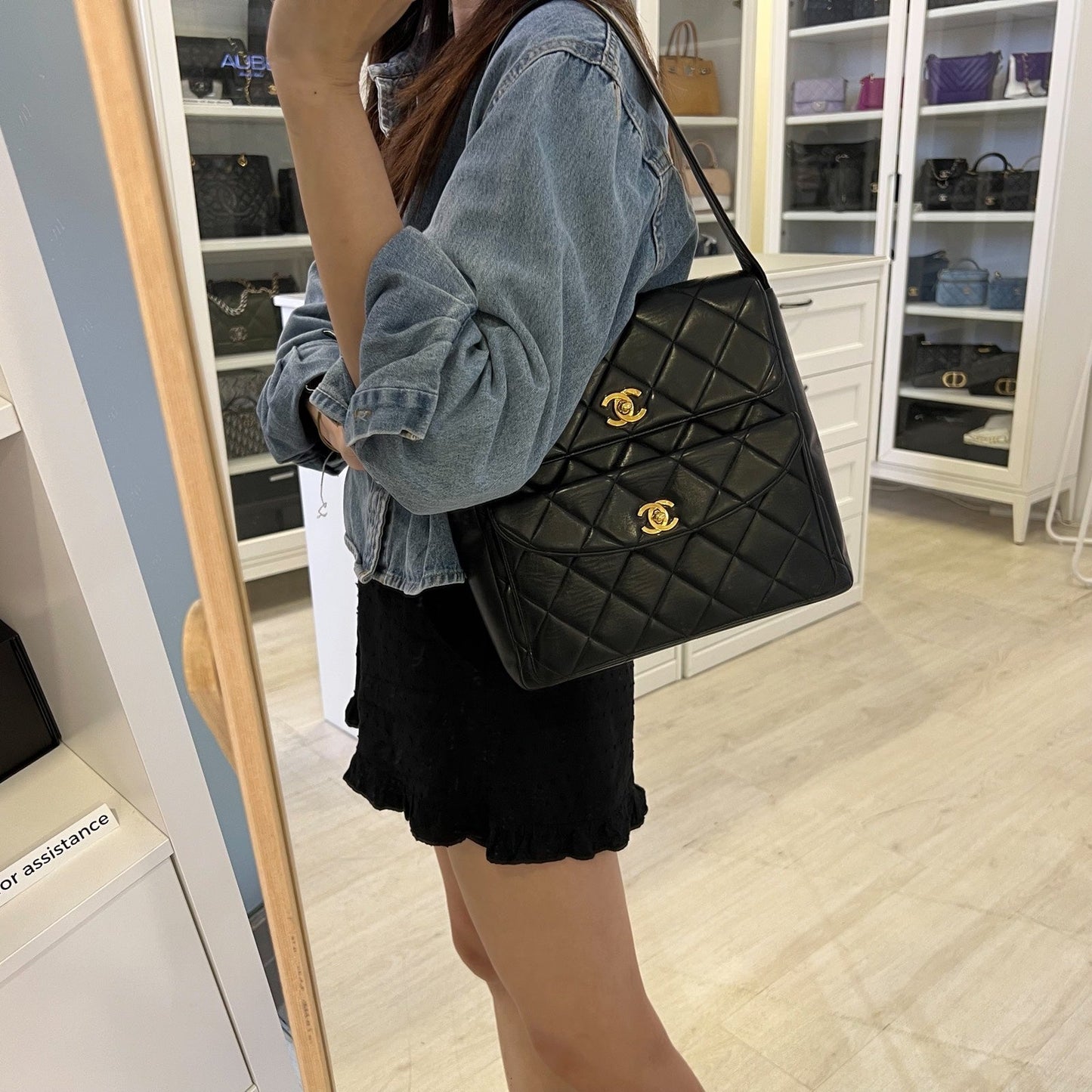 Chanel Double Pocket Shoulder Bag in Black Lambskin and GHW