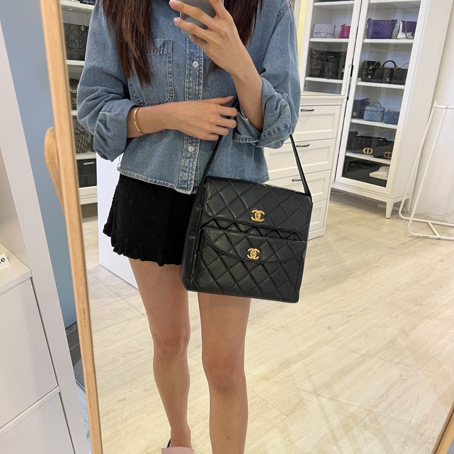 Chanel Double Pocket Shoulder Bag in Black Lambskin and GHW