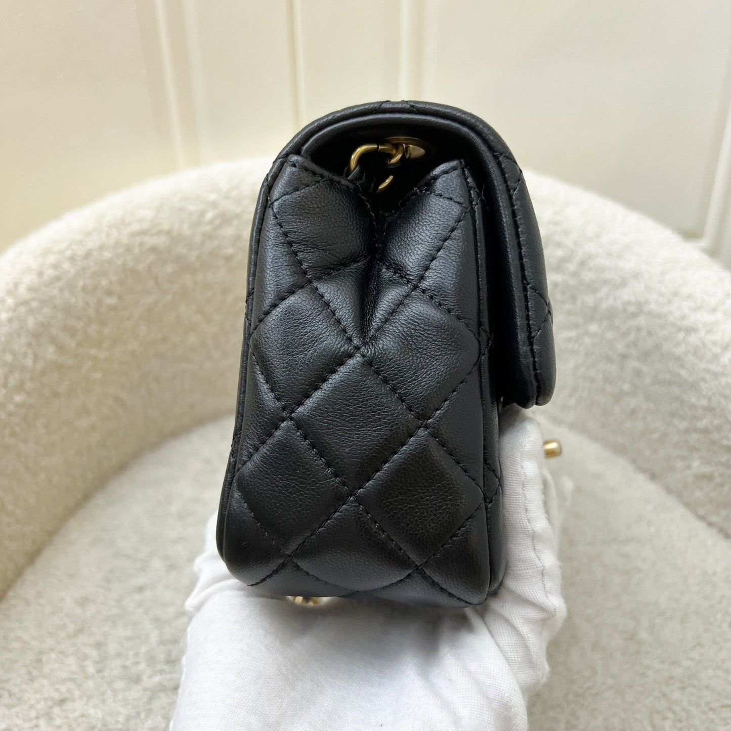 Pearl Crush Square Mini Flap in Black Lambskin and AGHW (Model: ) Accessory Signature