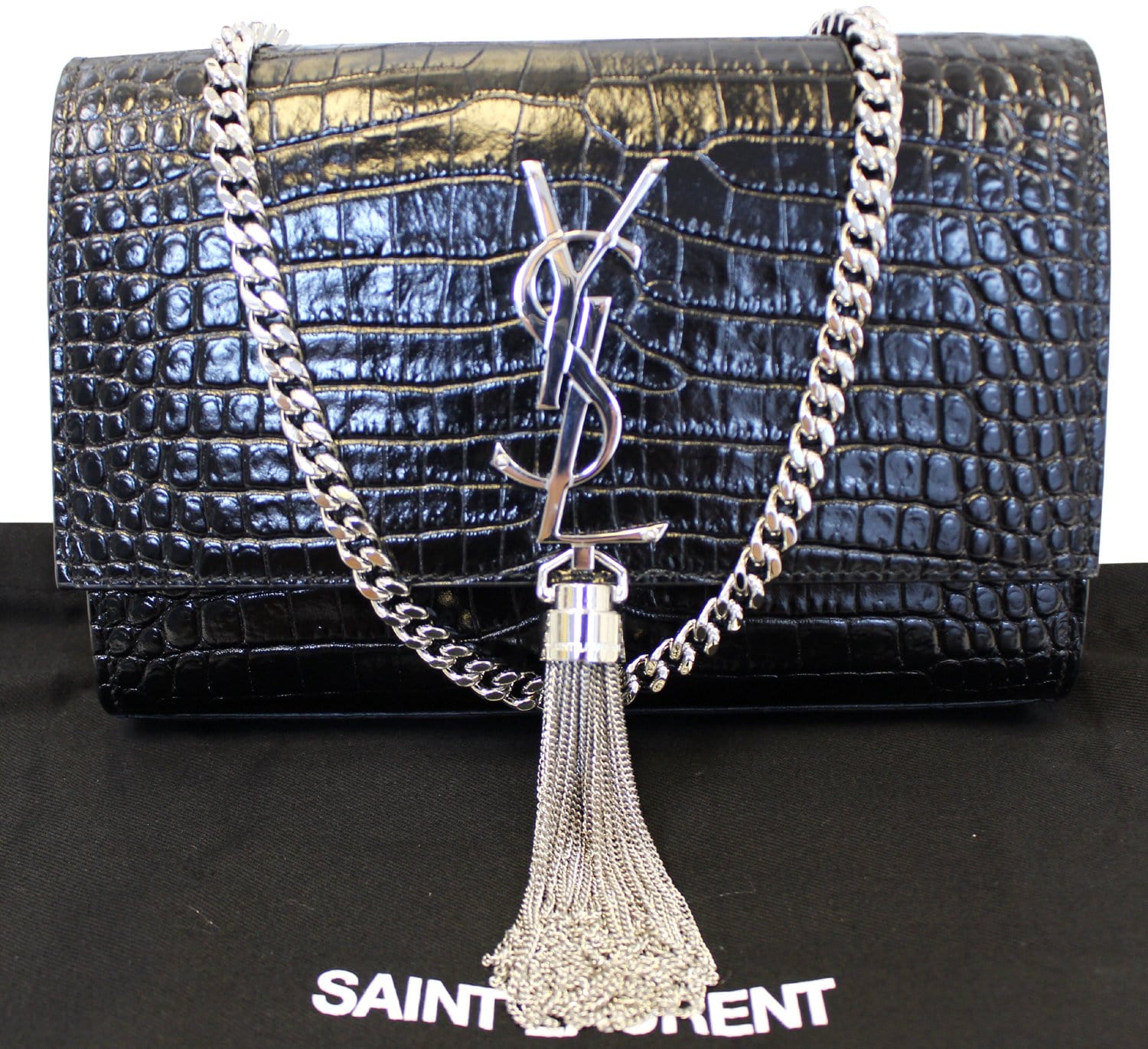YSL Saint Laurent Yves Crocodile Clutch Crossbody Bag Leather Black Silver Clutch Bag Crossbody Bag E4845