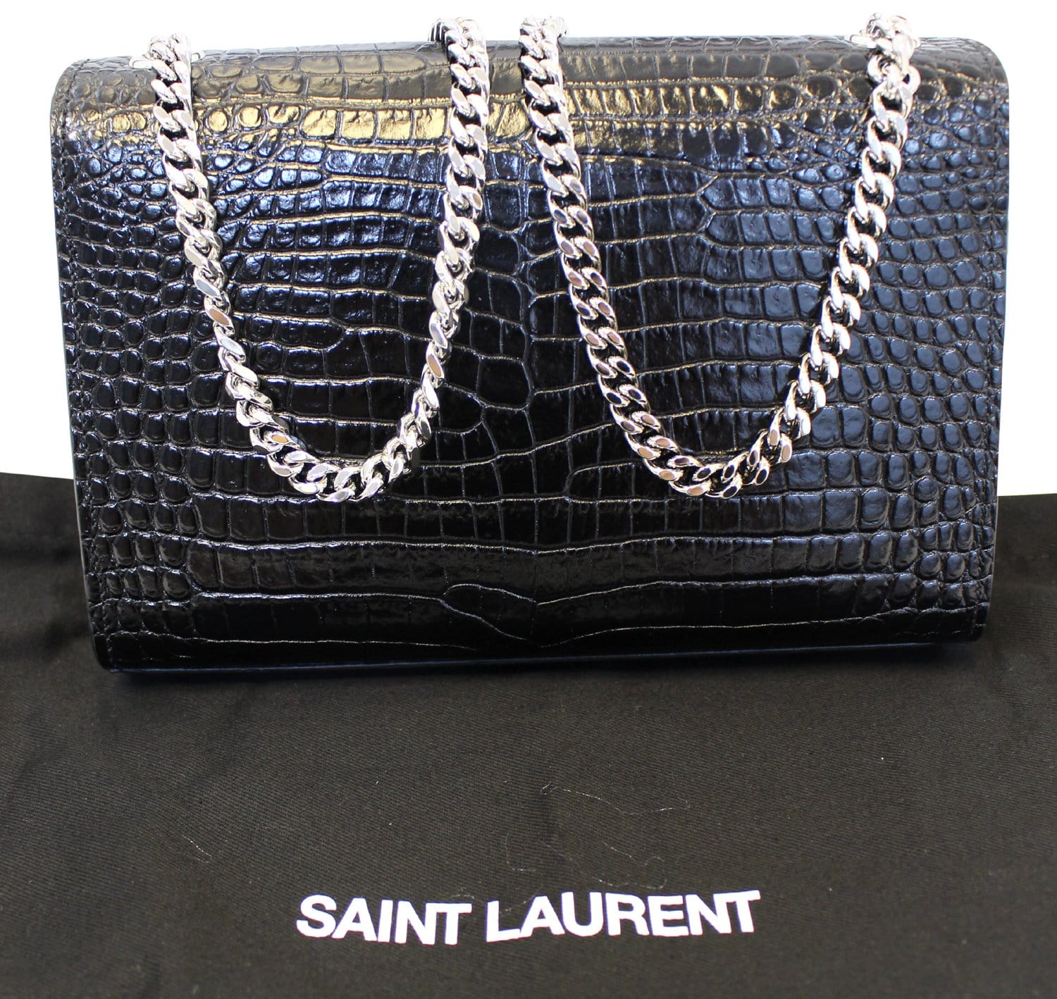 YSL Saint Laurent Yves Crocodile Clutch Crossbody Bag Leather Black Silver Clutch Bag Crossbody Bag E4845