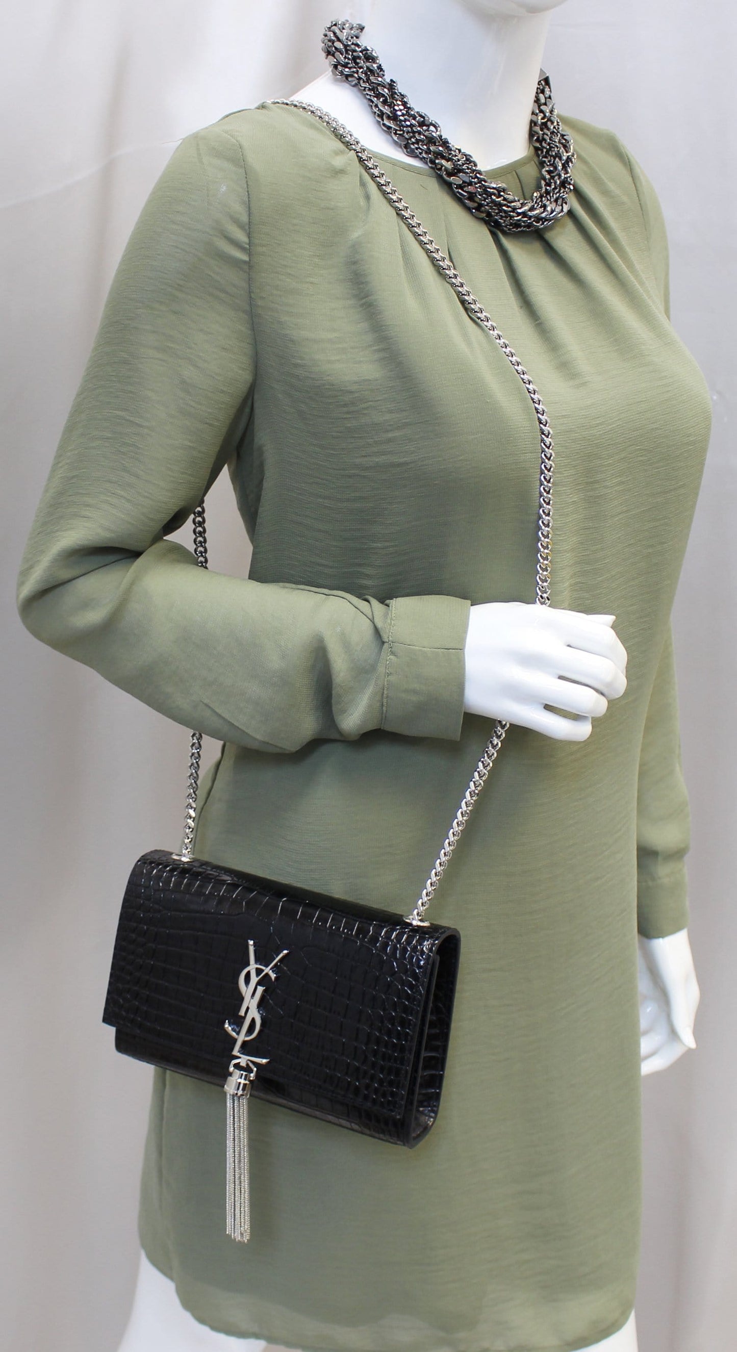 YSL Saint Laurent Yves Crocodile Clutch Crossbody Bag Leather Black Silver Clutch Bag Crossbody Bag E4845