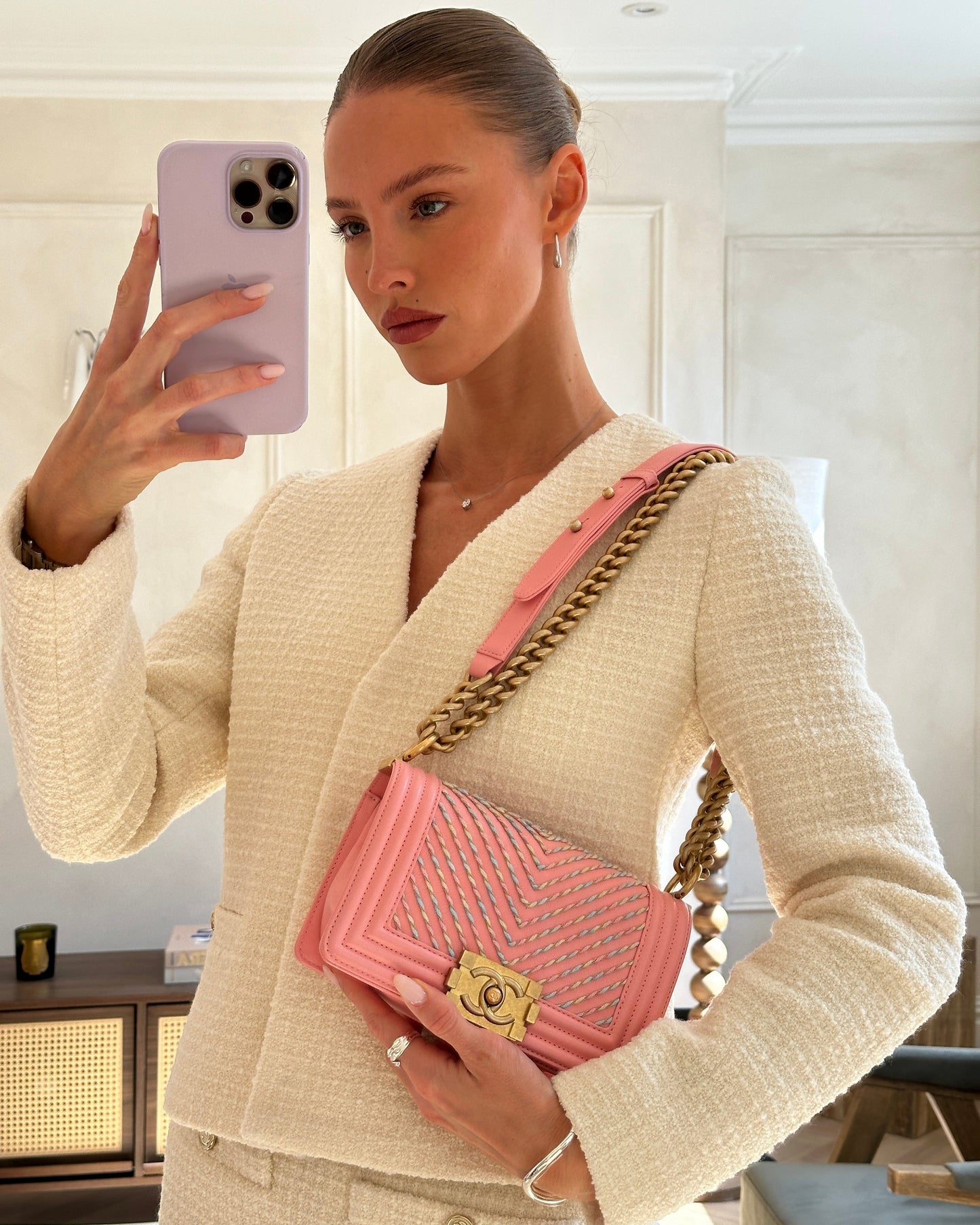 Chanel Pink Small Boy in Lambskin Leather with Pastel Chevron Detail and Brushed Gold Hardware Accessory