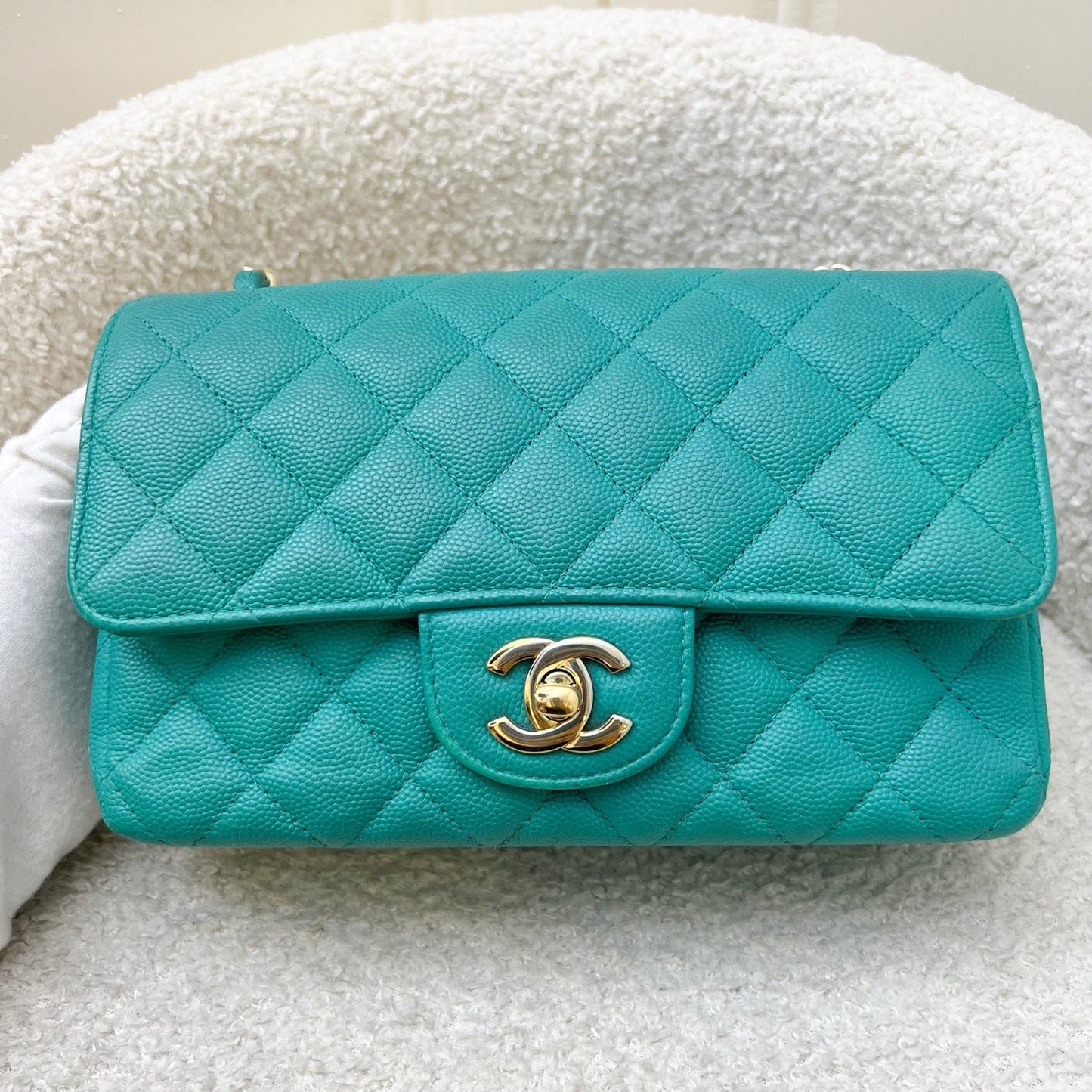 Chanel Classic Mini Rectangle Flap in Turquoise Caviar and LGHW Accessory