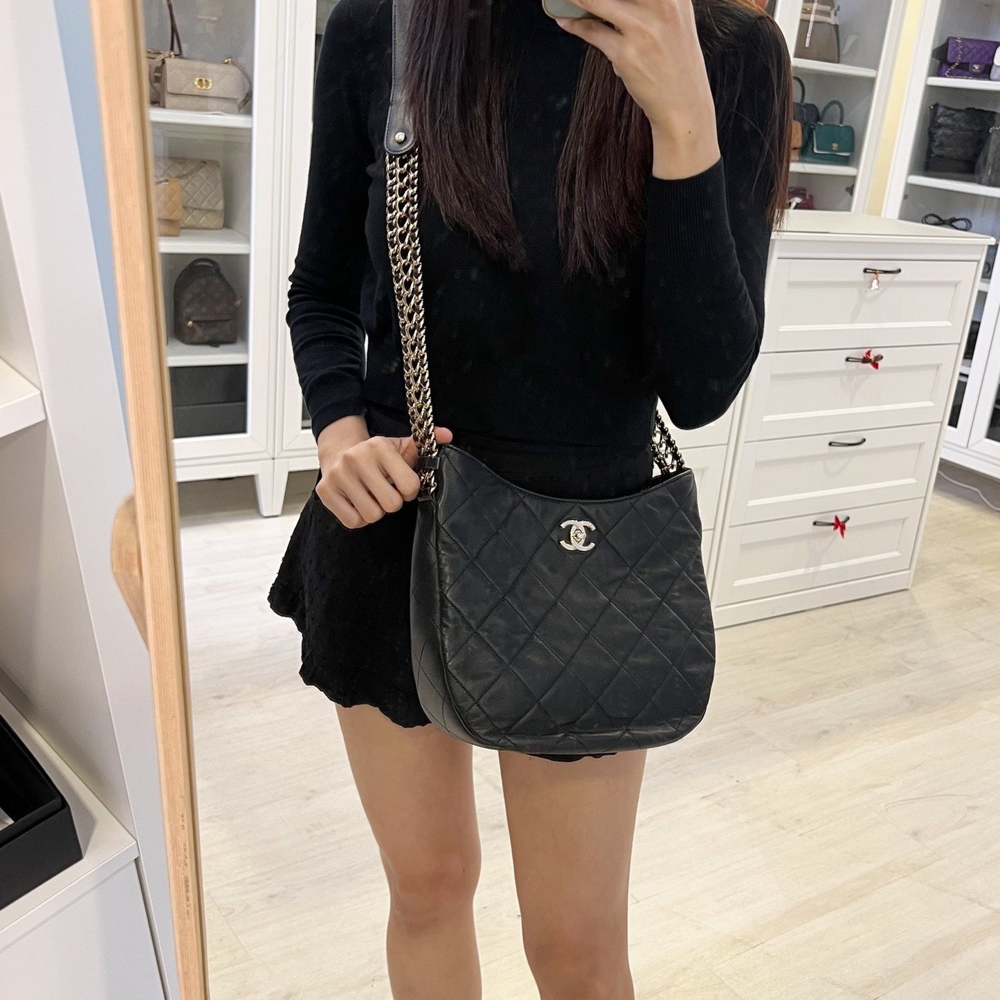 Chanel Hobo Bag in Black Lambskin and LGHW (Model: )