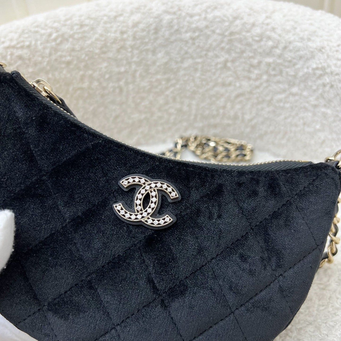 VIP Gift Crossbody Bag with Crystal Studded CC Logo in Black Velvet and LGHW Signature