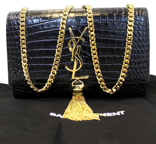 YSL Saint Laurent Saint Crocodile Chain Clutch Crossbody Bag Leather Black Bag Tt2737