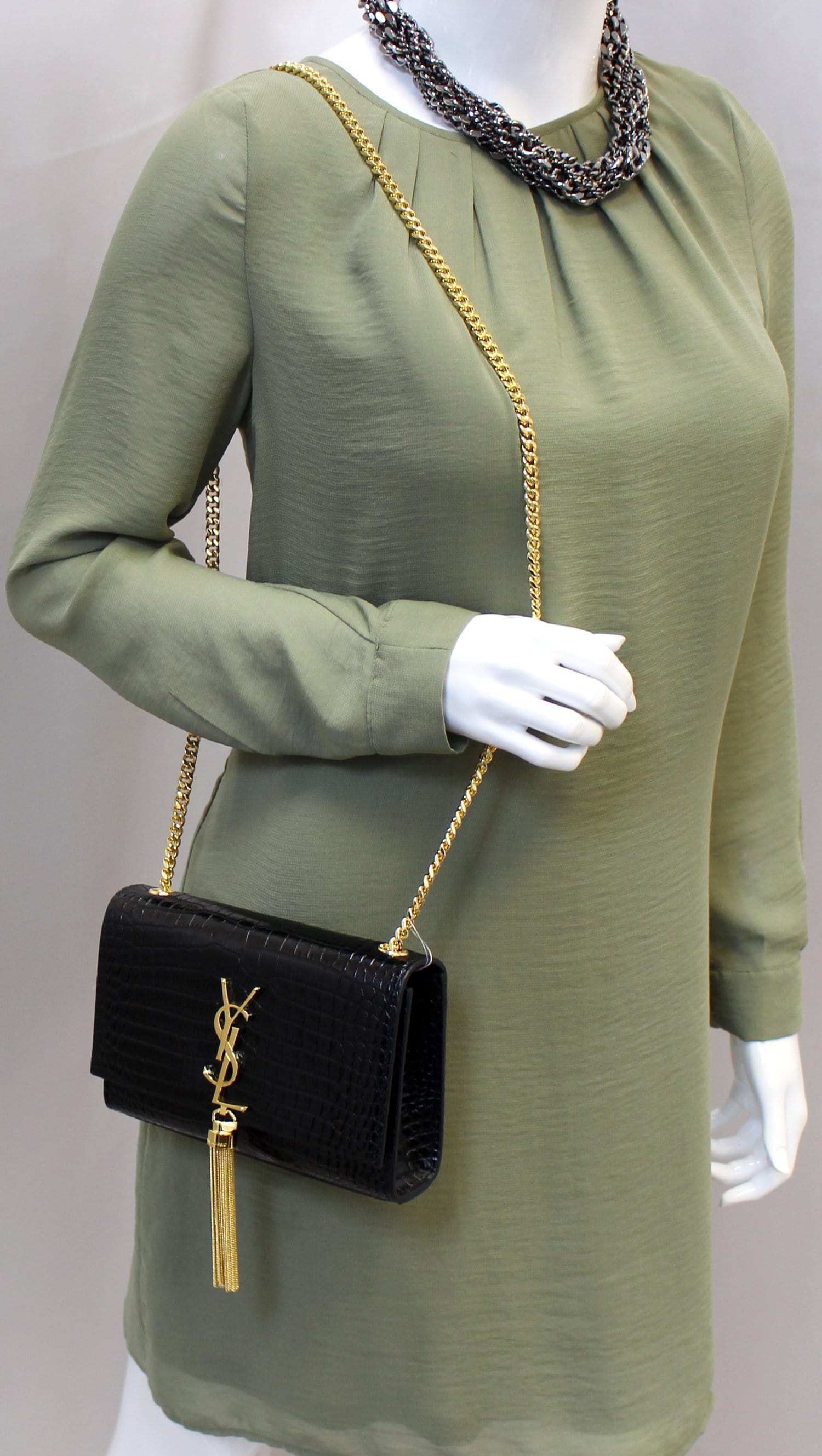 YSL Saint Laurent Yves Crocodile Clutch Crossbody Bag Leather Black Gold Clutch Bag