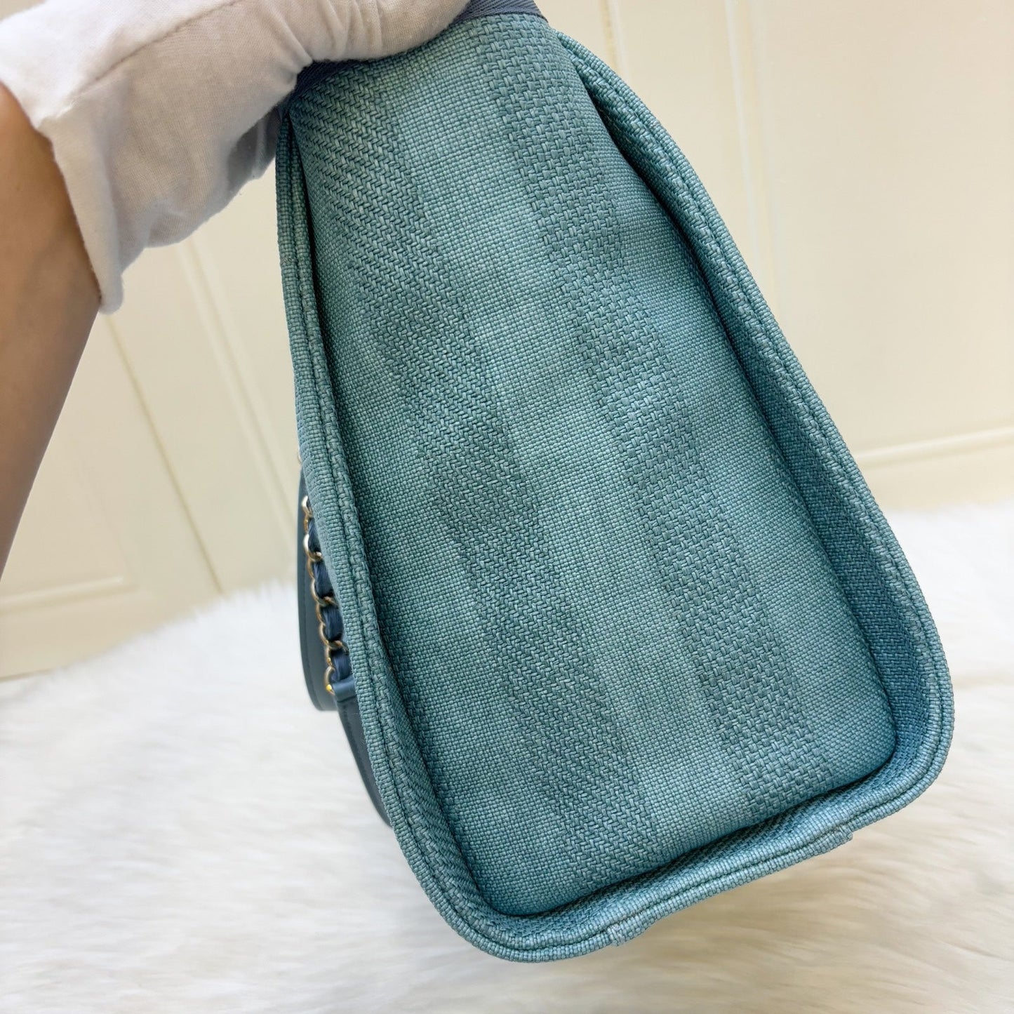 Chanel Small / Medium Deauville Tote in Green / Turquoise Fabric and LGHW (Model: )