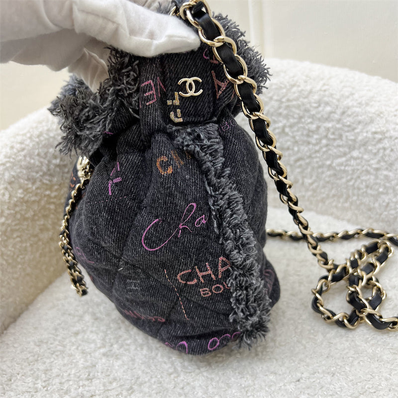 Chanel Denim Mood Mini Drawstring Bucket Bag in Black Printed Denim and LGHW