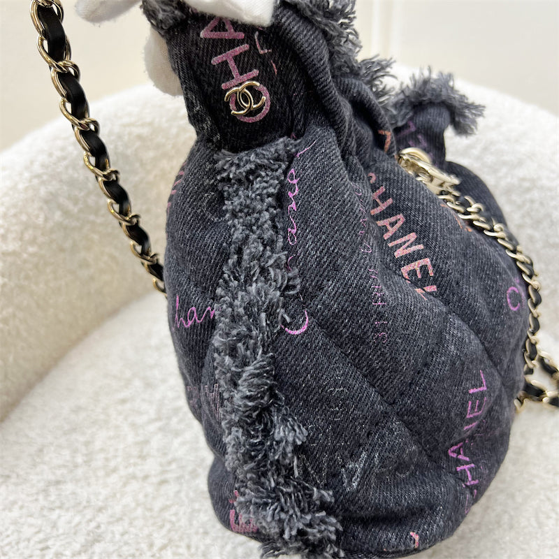 Chanel Denim Mood Mini Drawstring Bucket Bag in Black Printed Denim and LGHW