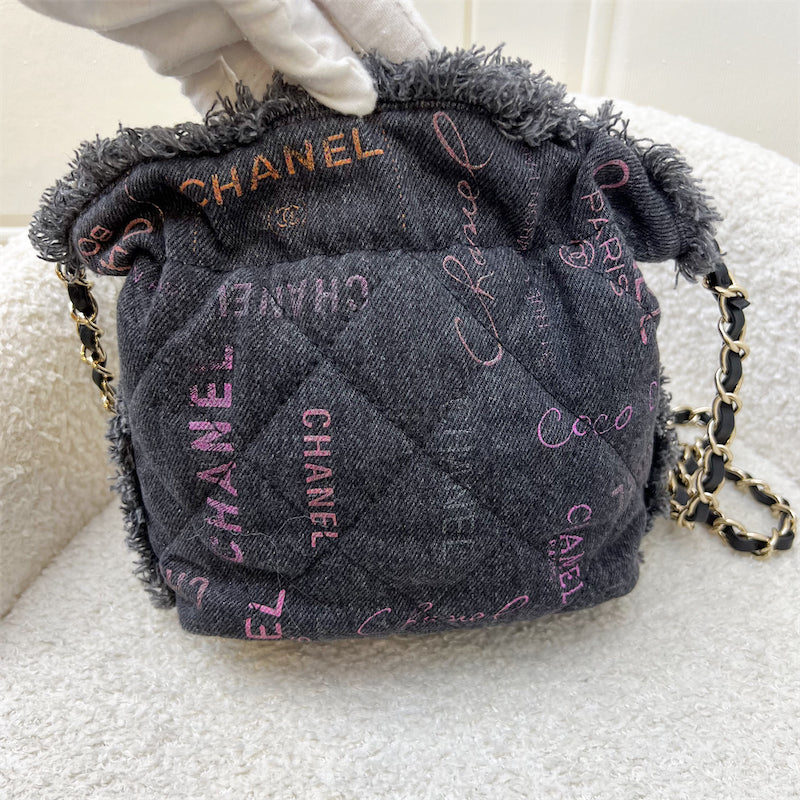 Chanel Denim Mood Mini Drawstring Bucket Bag in Black Printed Denim and LGHW