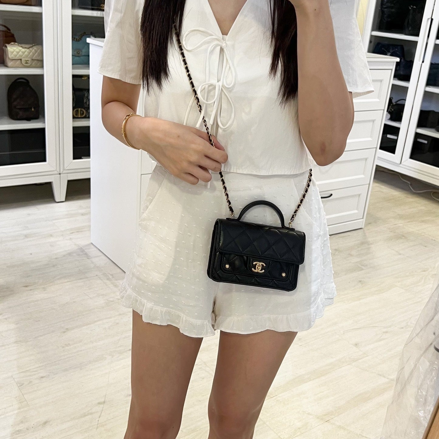 Chanel Mini Clutch on Chain with Top Handle in Black Shiny Lambskin and AGHW