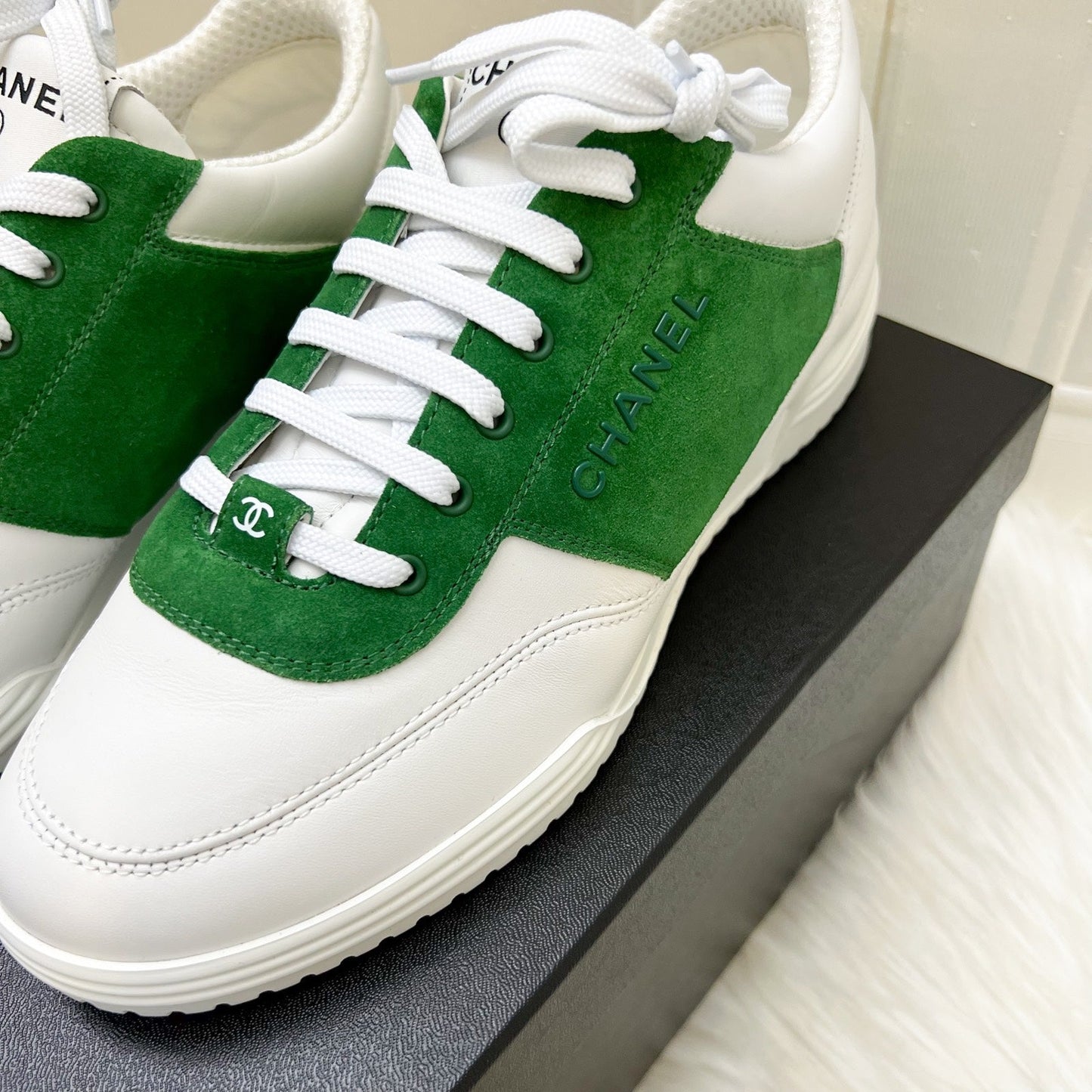 Chanel Sneakers in White Calfskin and Green Suede Sz 37.5 (Model: )