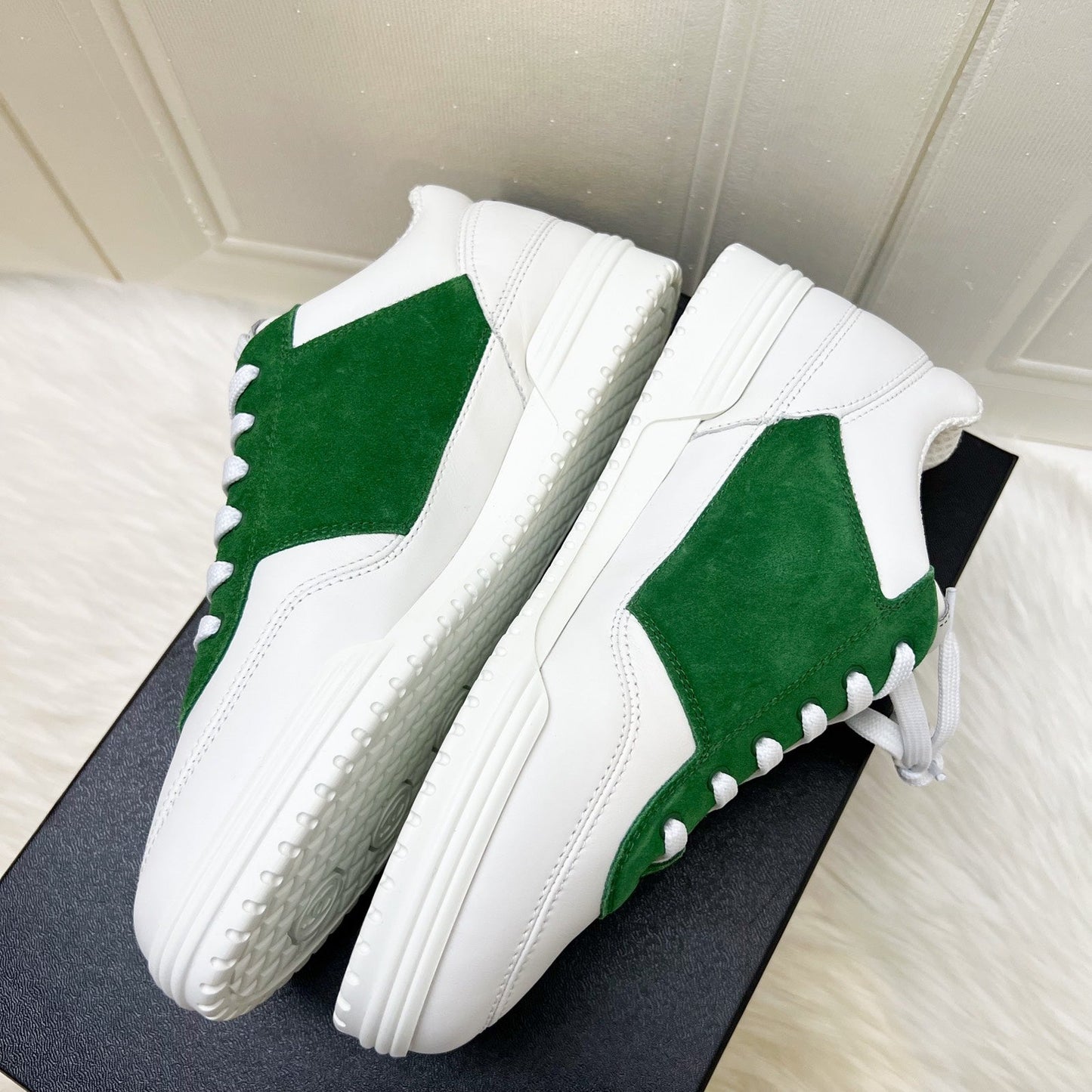 Chanel Sneakers in White Calfskin and Green Suede Sz 37.5 (Model: )