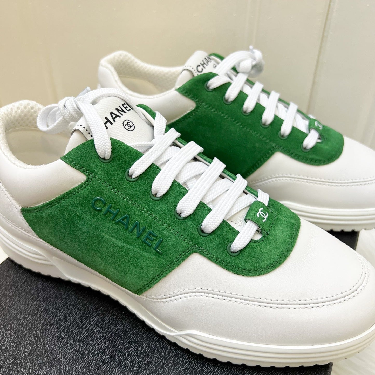 Chanel Sneakers in White Calfskin and Green Suede Sz 37.5 (Model: )