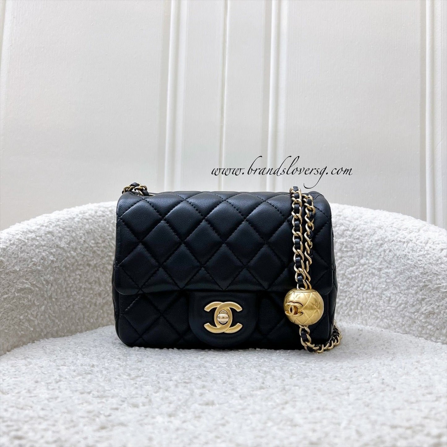 Pearl Crush Square Mini Flap in Black Lambskin and AGHW (Model: ) Accessory Signature